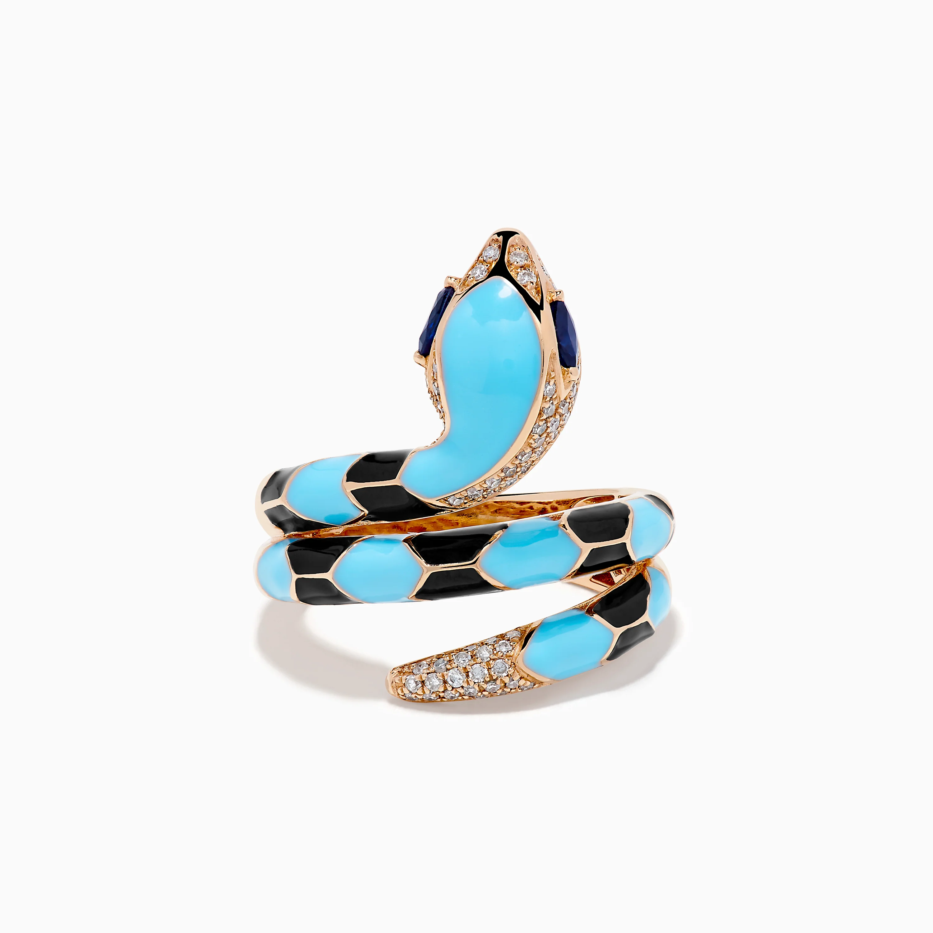 14K Rose Gold Diamond, Sapphire, and Enamel Snake Wrap Ring