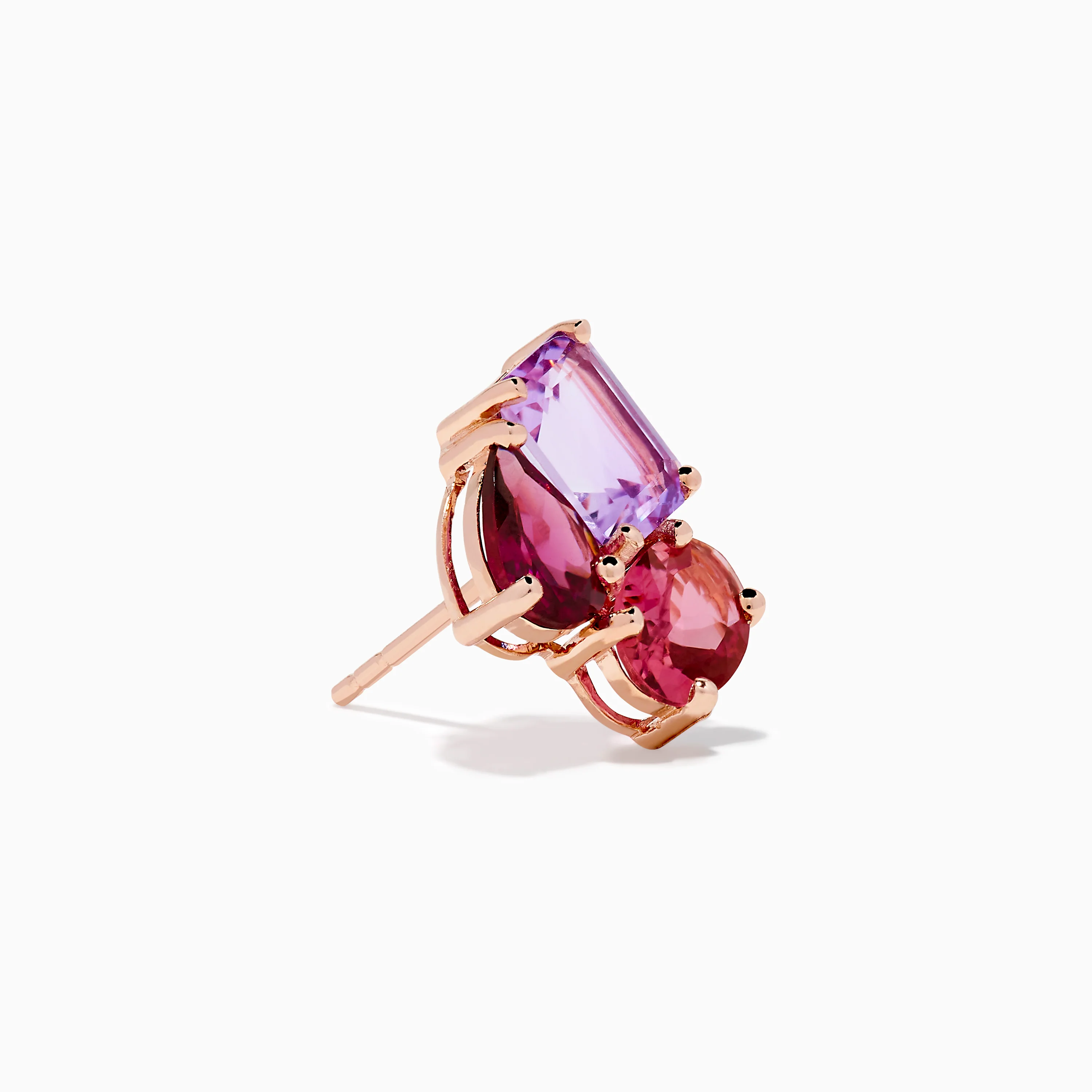 14K Rose Gold Pink Amethyst, Tourmaline & Rhodolite Stud Earrings - Image 3