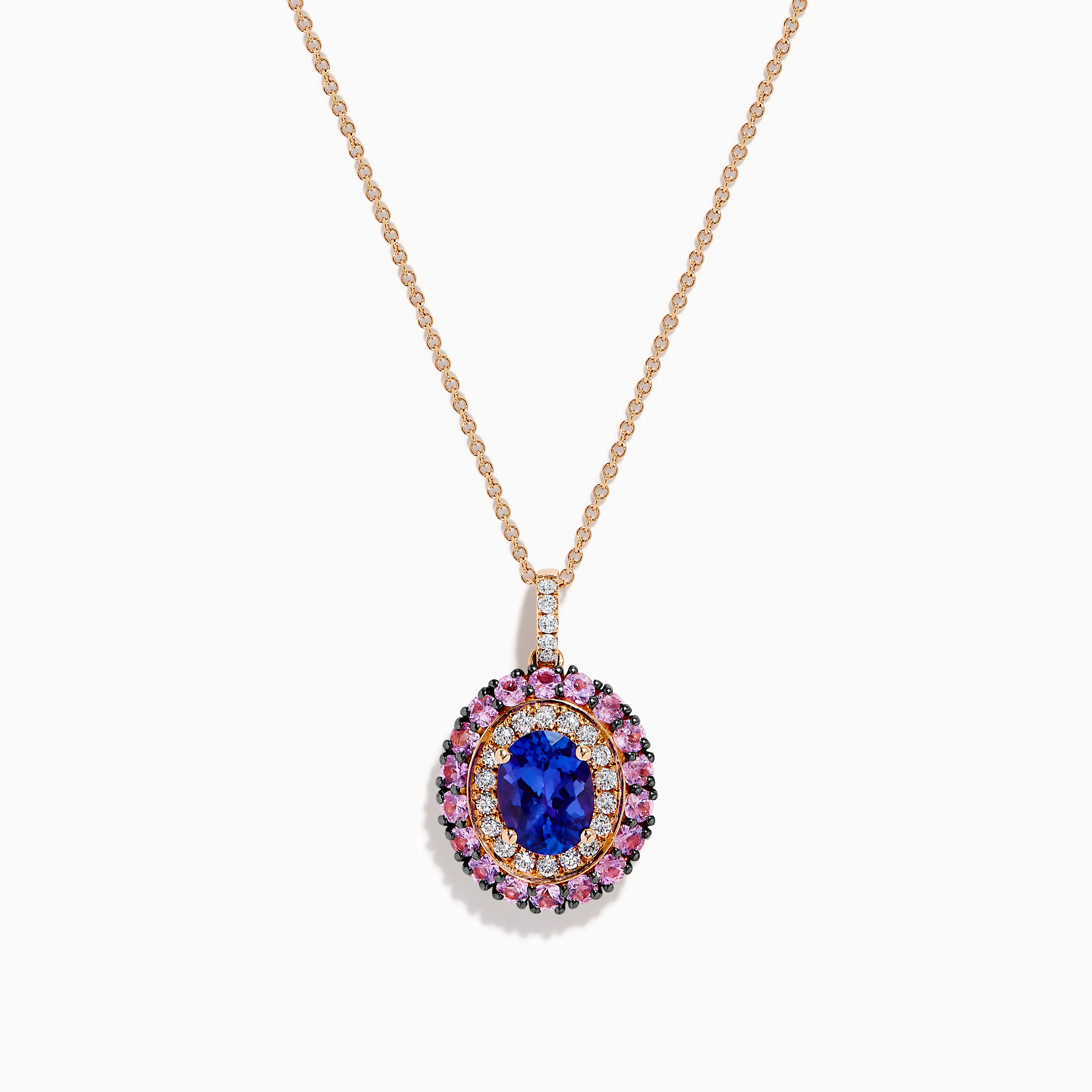 14K Rose Gold Pink Sapphire, Tanzanite, and Diamond Double Halo Pendant