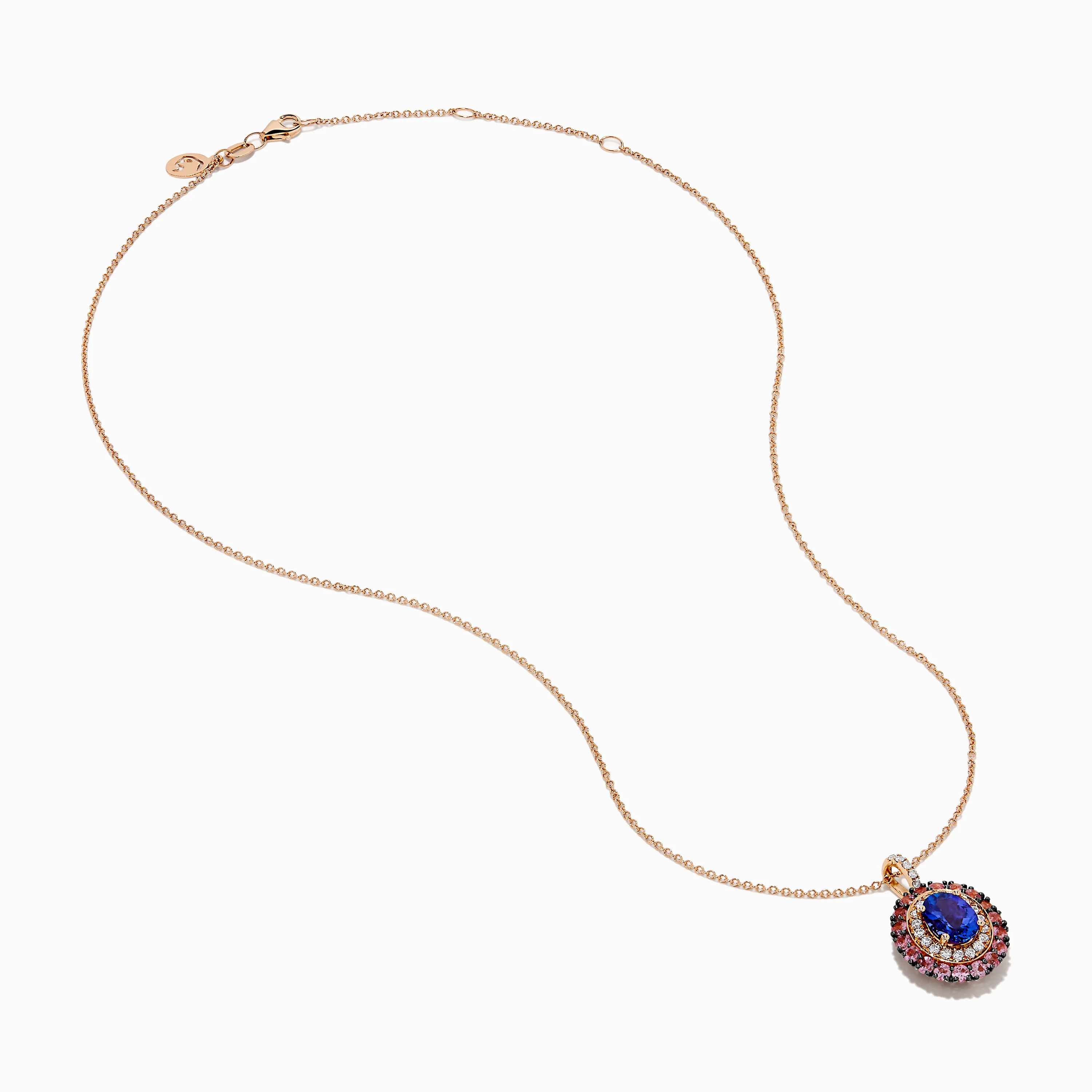 14K Rose Gold Pink Sapphire, Tanzanite, and Diamond Double Halo Pendant - Image 2