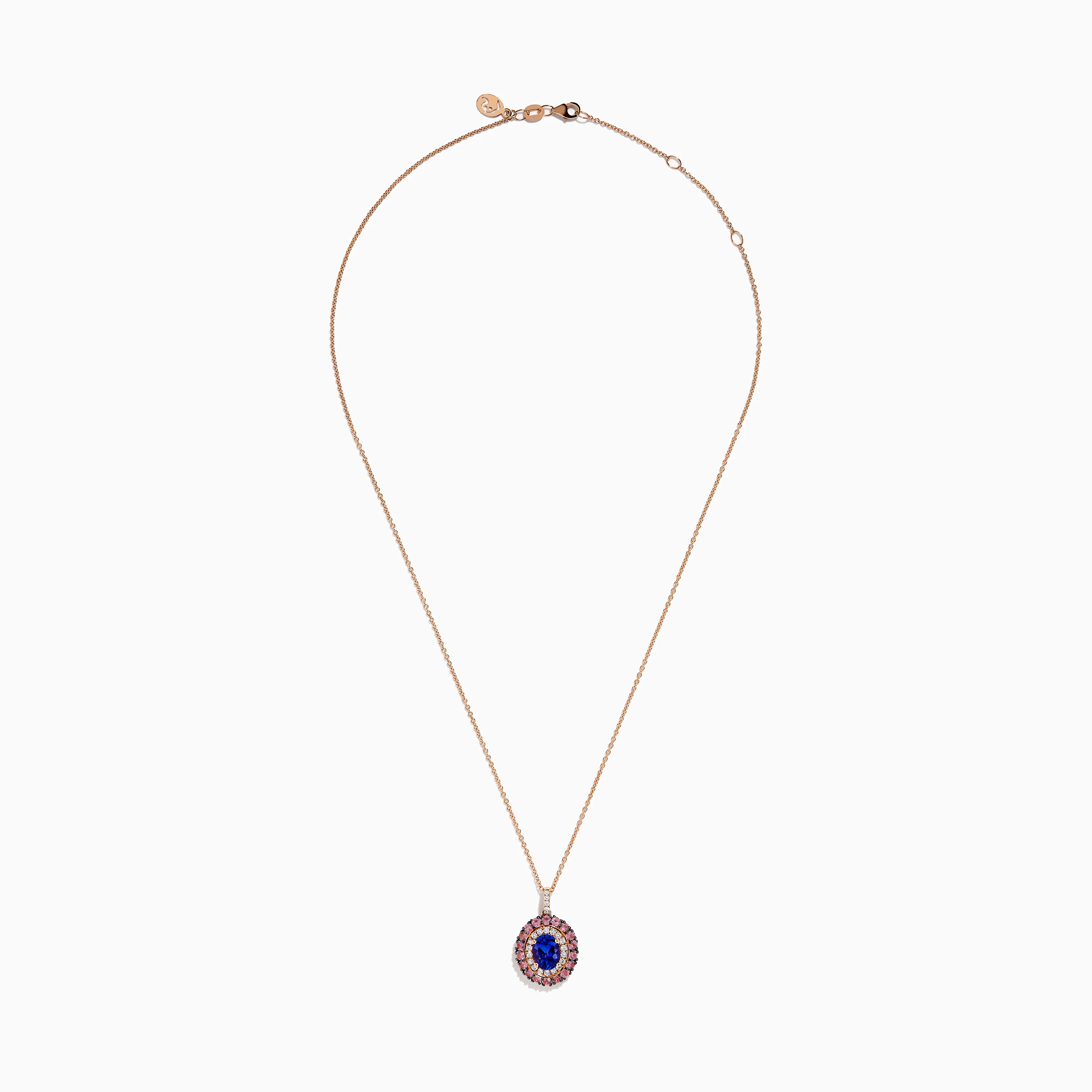 14K Rose Gold Pink Sapphire, Tanzanite, and Diamond Double Halo Pendant - Image 3