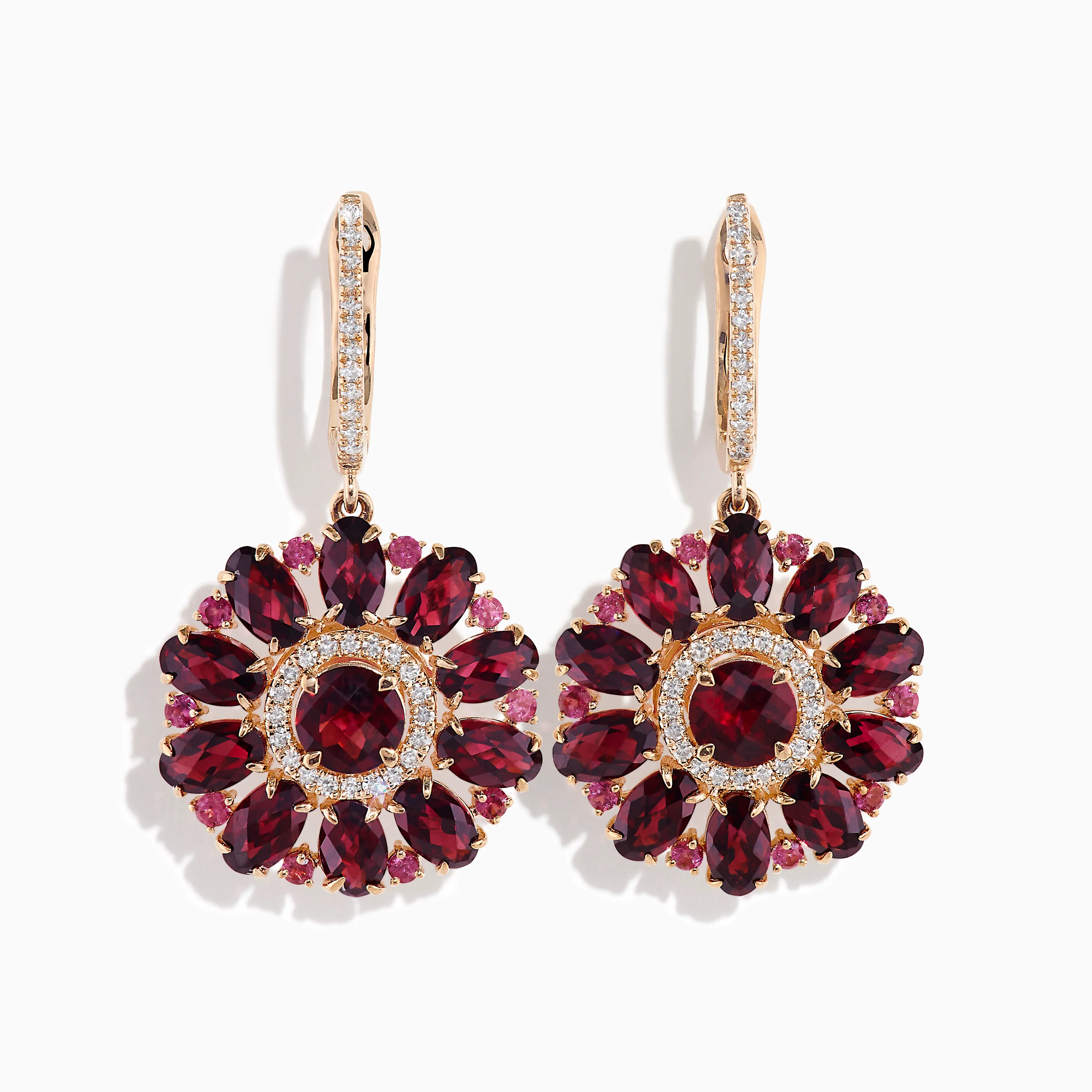 14K Rose Gold Rhodolite and Diamond Floral Dangle Earrings