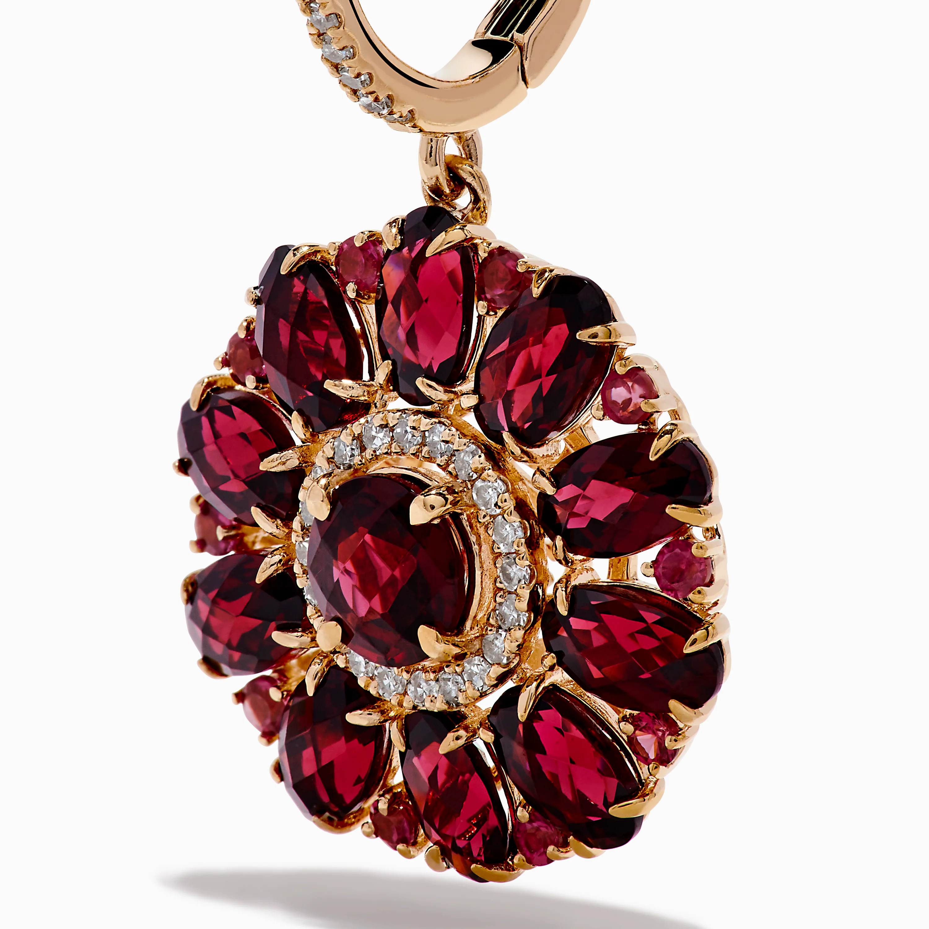 14K Rose Gold Rhodolite and Diamond Floral Dangle Earrings - Image 2