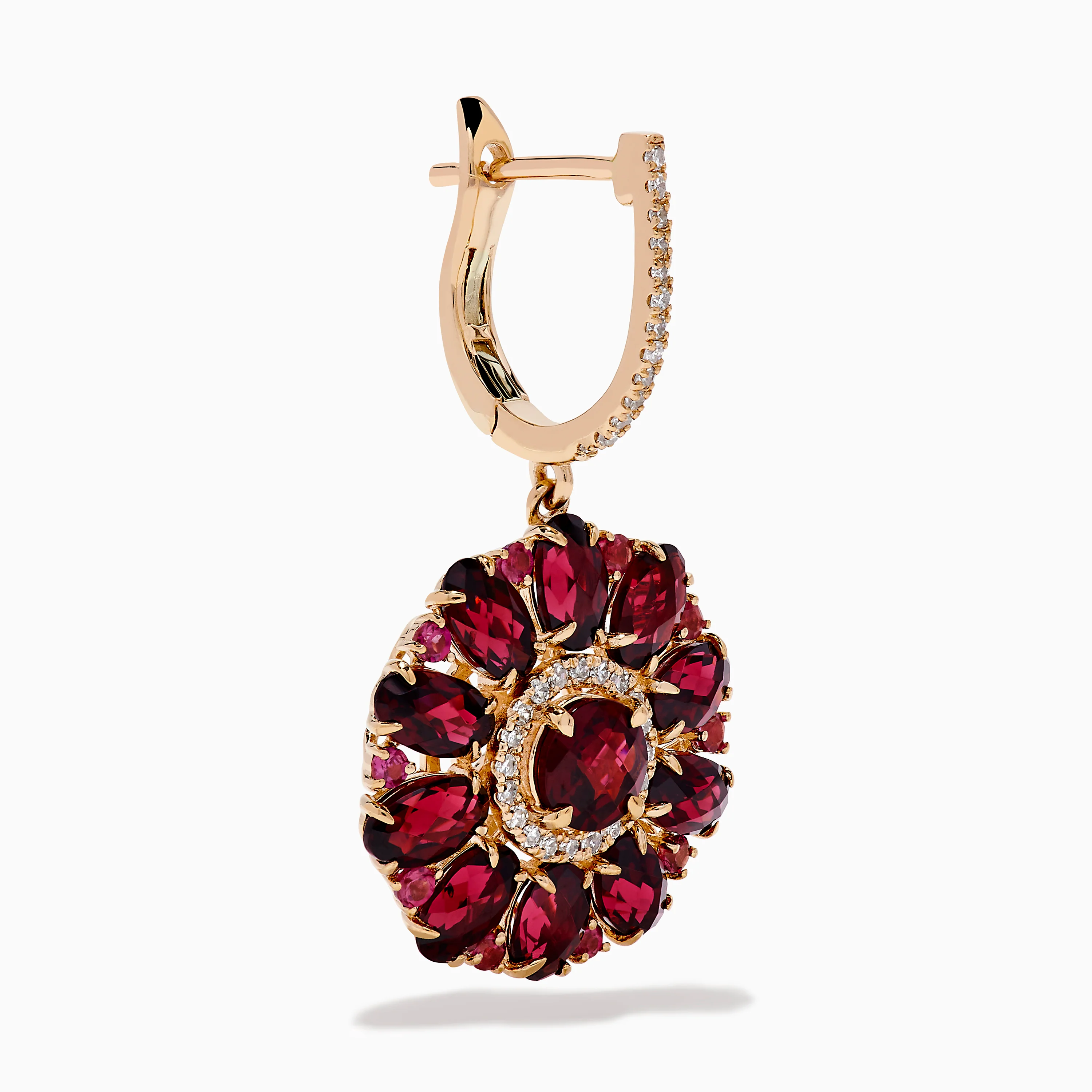 14K Rose Gold Rhodolite and Diamond Floral Dangle Earrings - Image 3