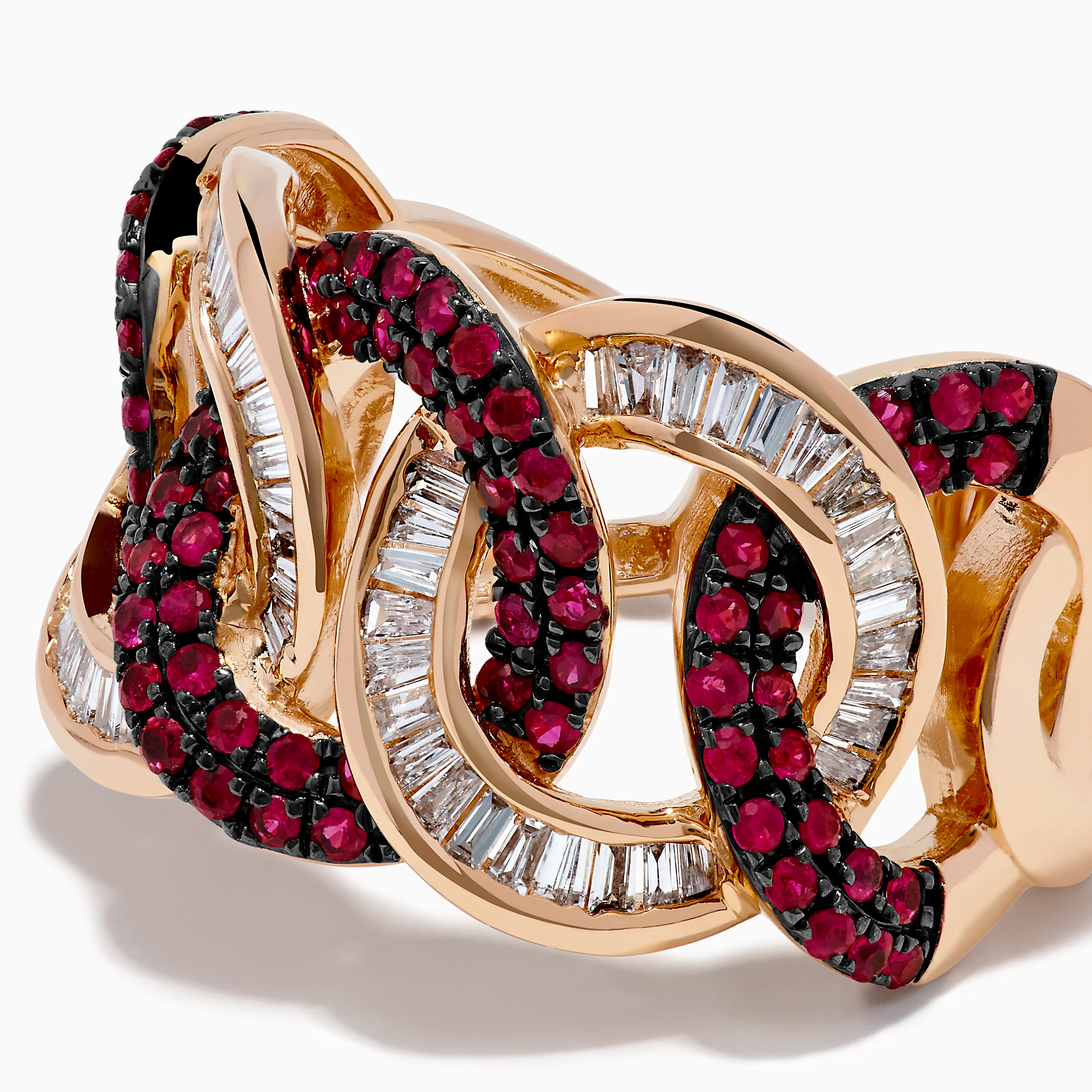 14K Rose Gold Ruby and Diamond Interlocking Link Ring - Image 2