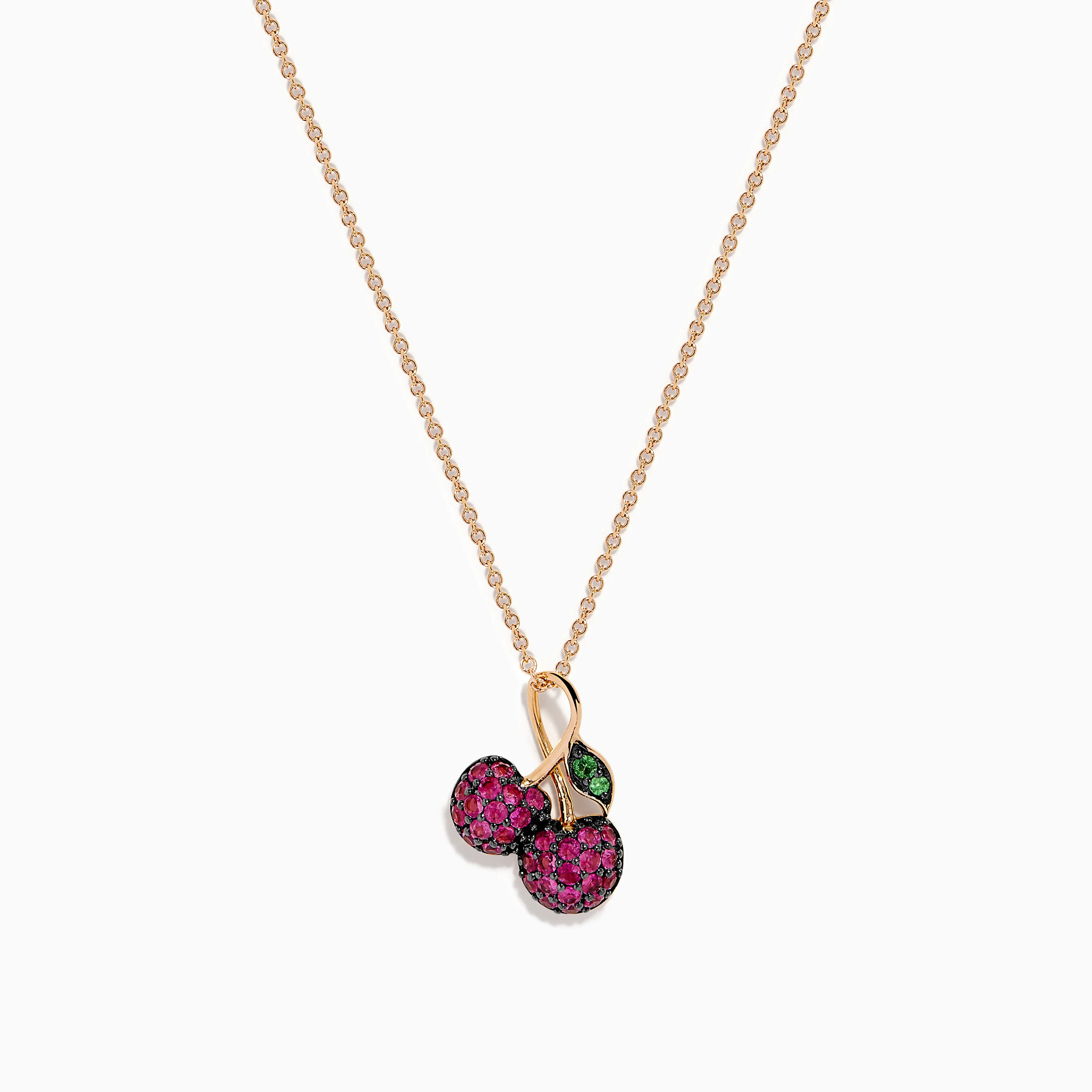 14K Rose Gold Ruby and Tsavorite Pavé Double Cherries Pendant
