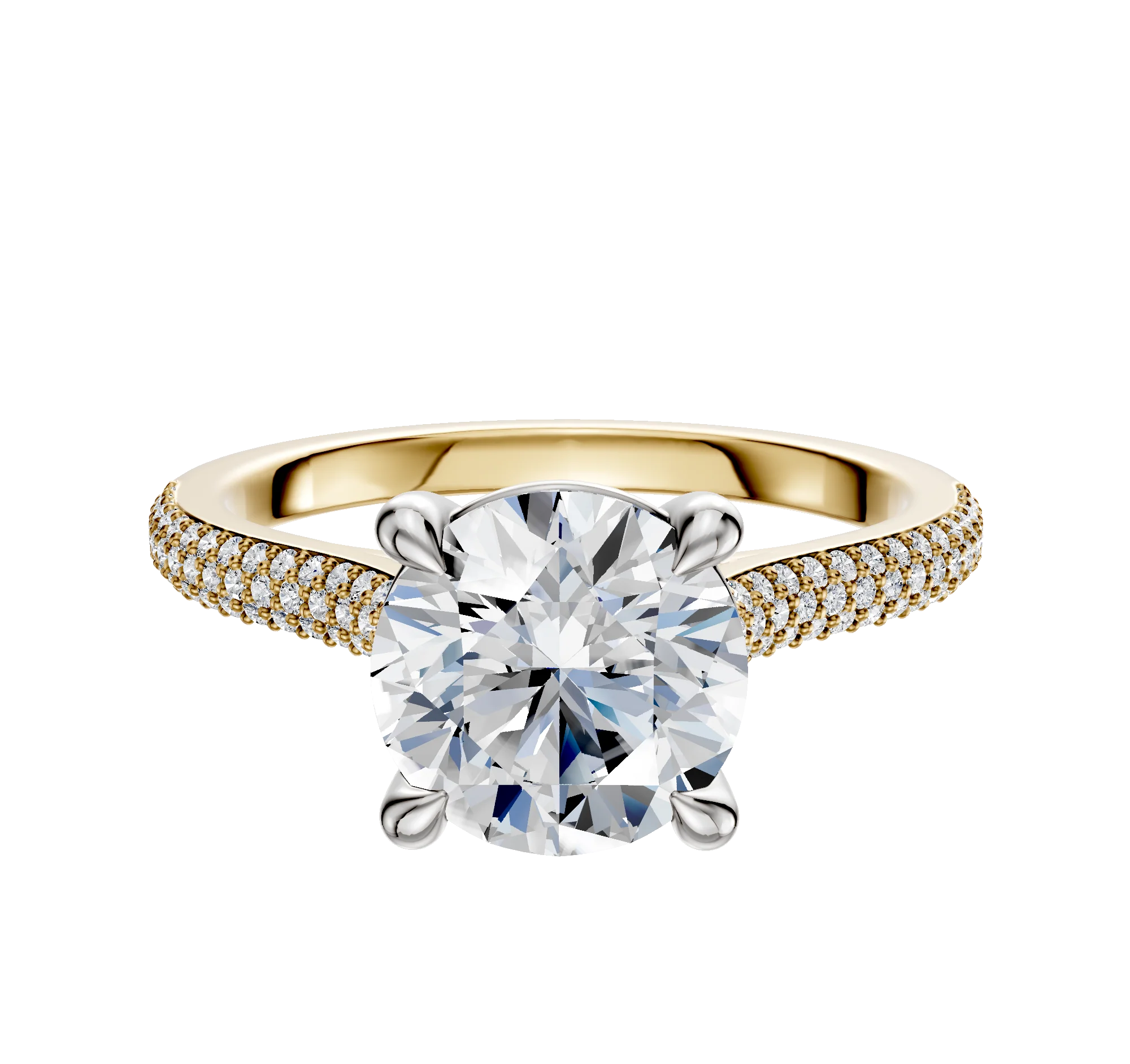 14K Two Tone 4 Prong Basket Cathedral Dome 3-Row-Pave 2.0mm Engagement Ring