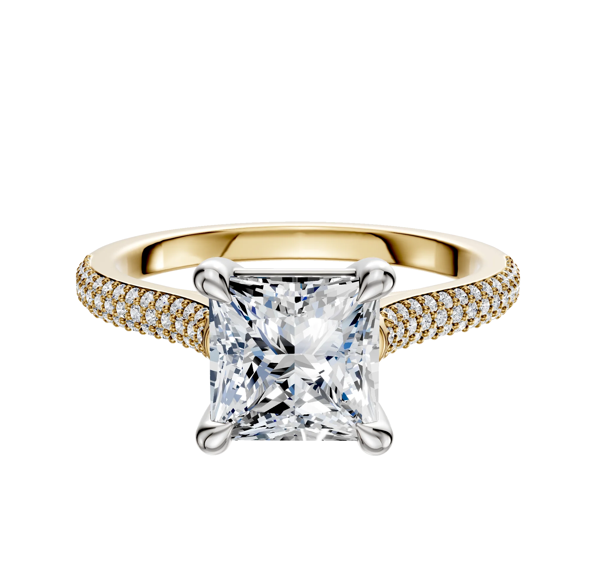 14K Two Tone 4 Prong Basket Cathedral Dome 3-Row-Pave 2.0mm Engagement Ring