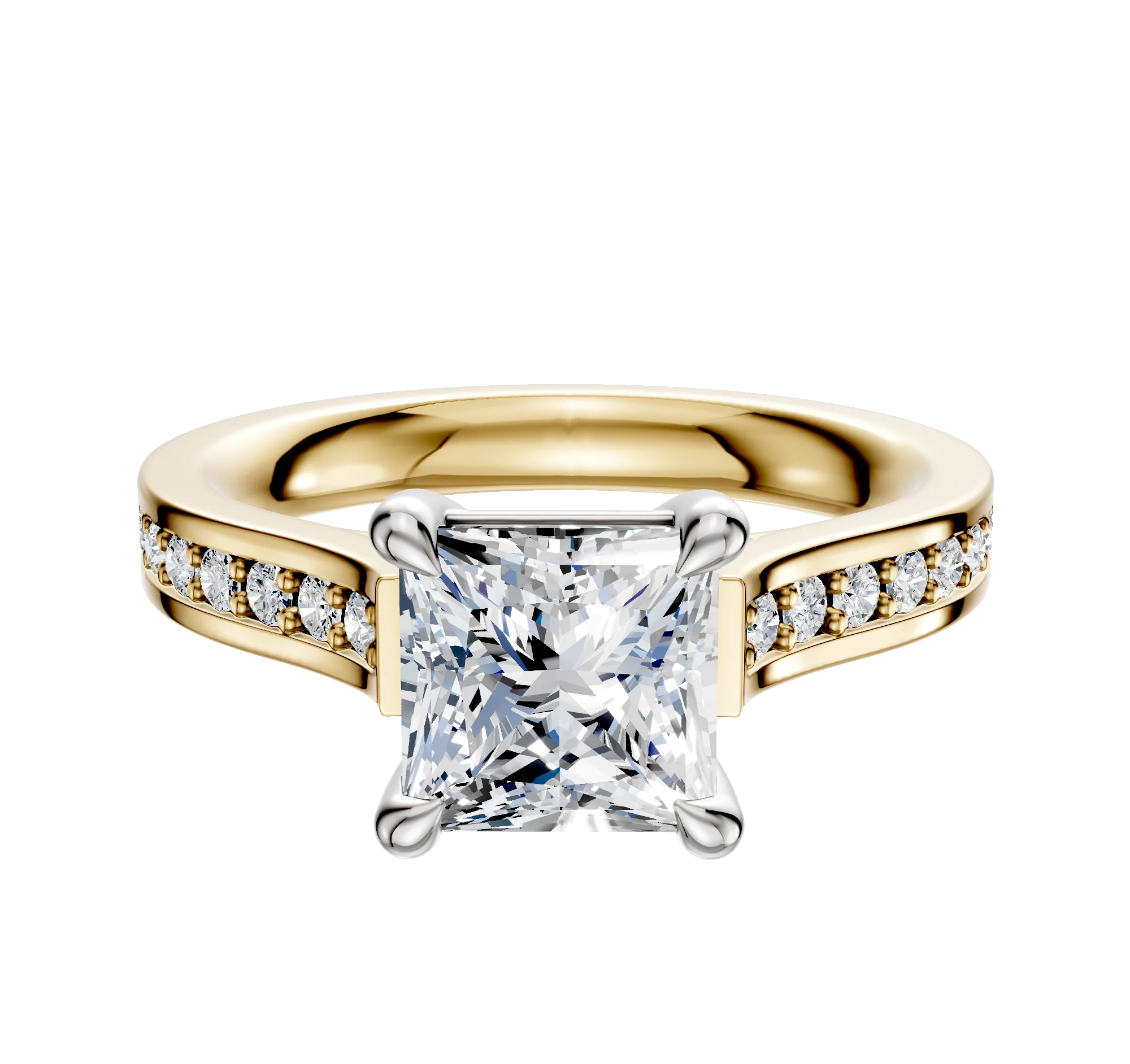 14K Two Tone 4 Prong Basket Cathedral Flat 1-Row-Pave 2.5mm Engagement Ring