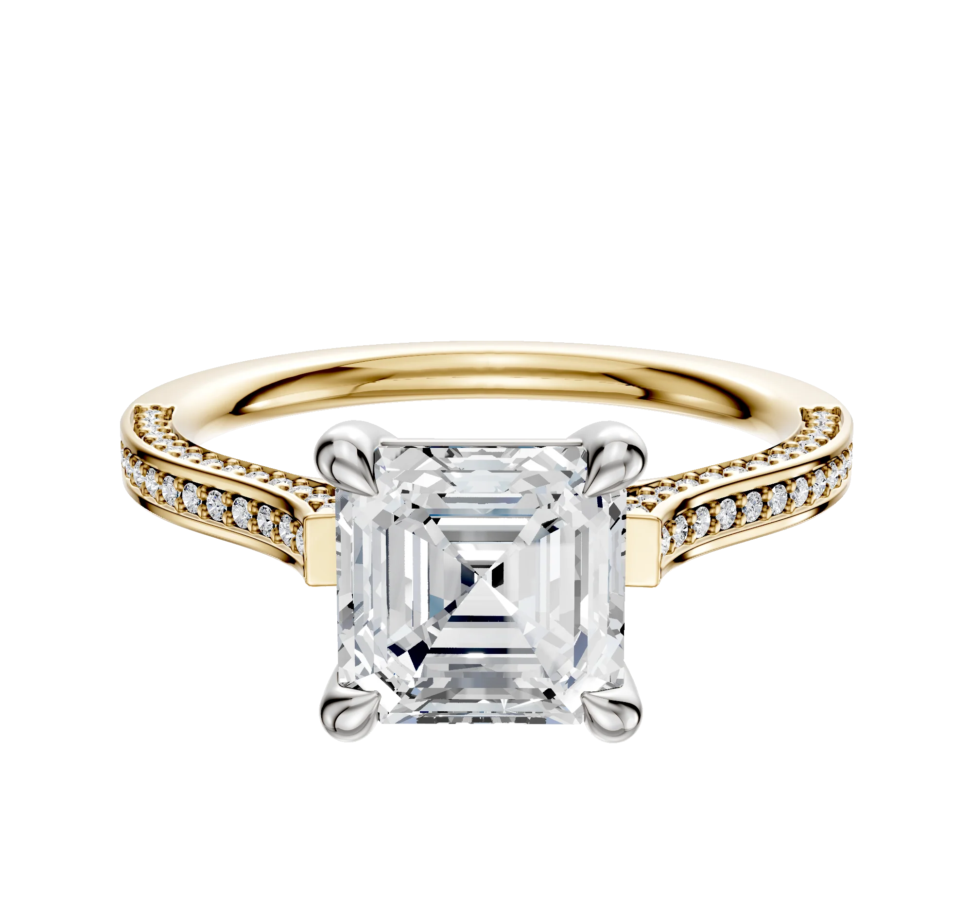 14K Two Tone 4 Prong Basket Cathedral Flat 3-Row-Pave 2.0mm Engagement Ring