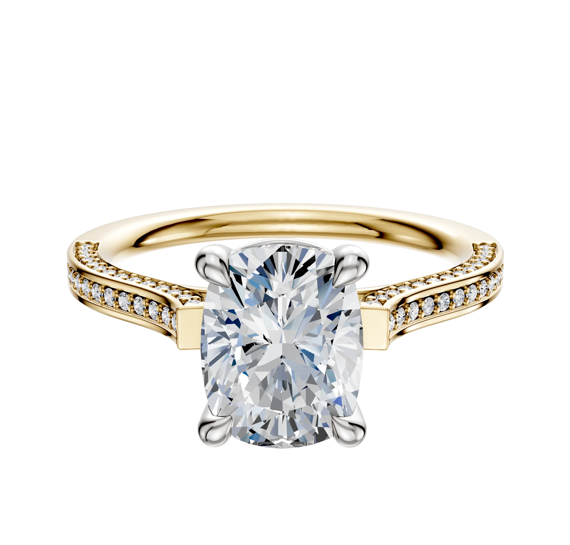 14K Two Tone 4 Prong Basket Cathedral Flat 3-Row-Pave 2.0mm Engagement Ring