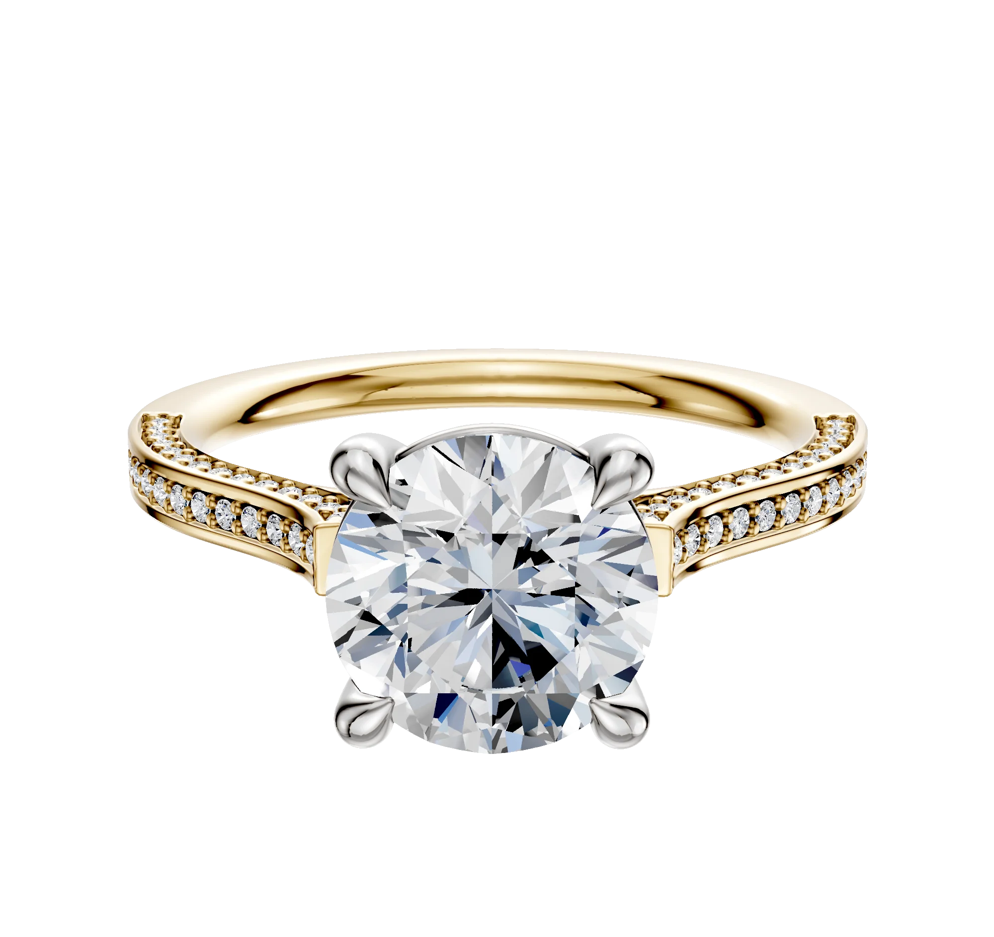 14K Two Tone 4 Prong Basket Cathedral Flat 3-Row-Pave 2.0mm Engagement Ring