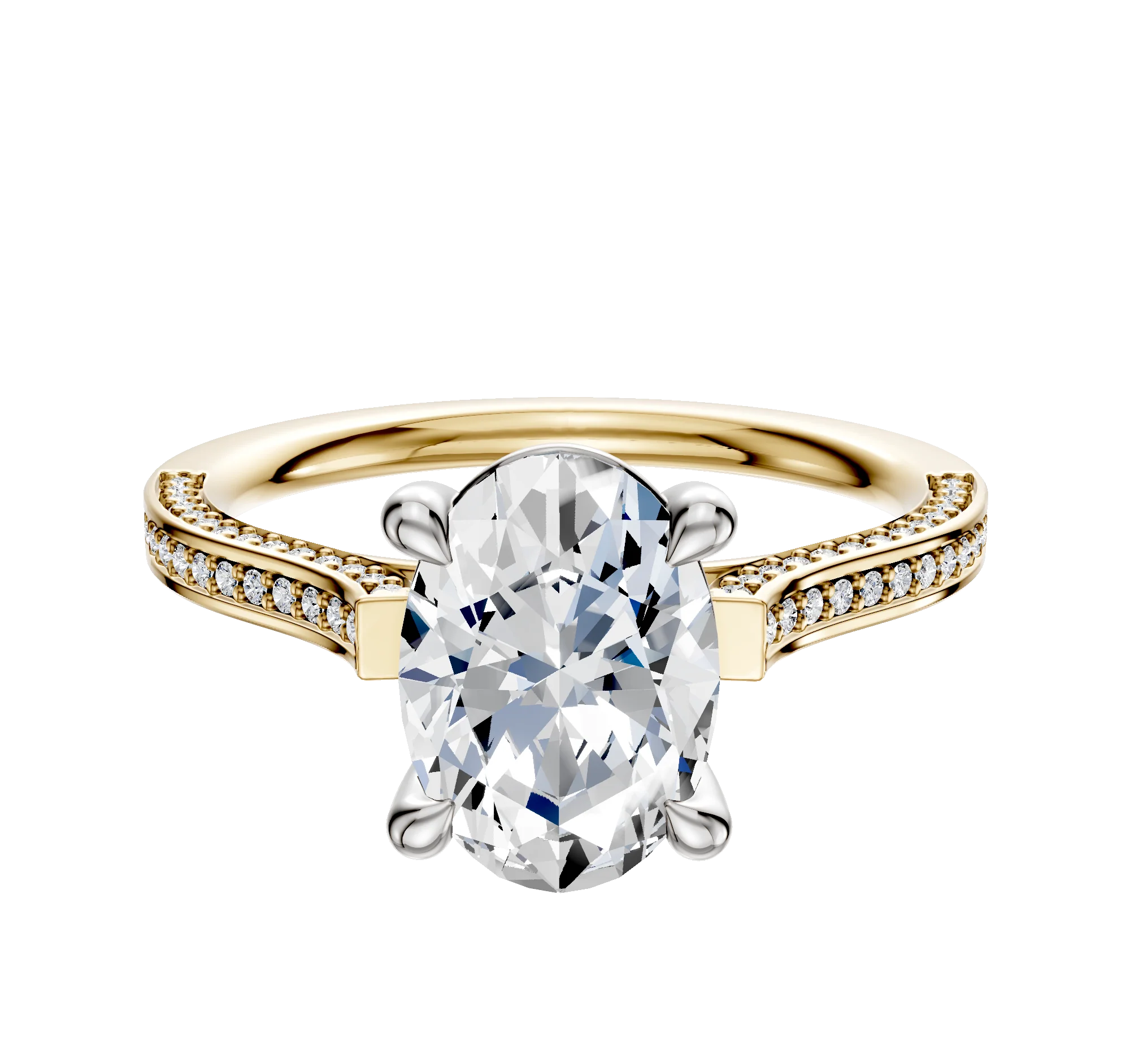 14K Two Tone 4 Prong Basket Cathedral Flat 3-Row-Pave 2.0mm Engagement Ring