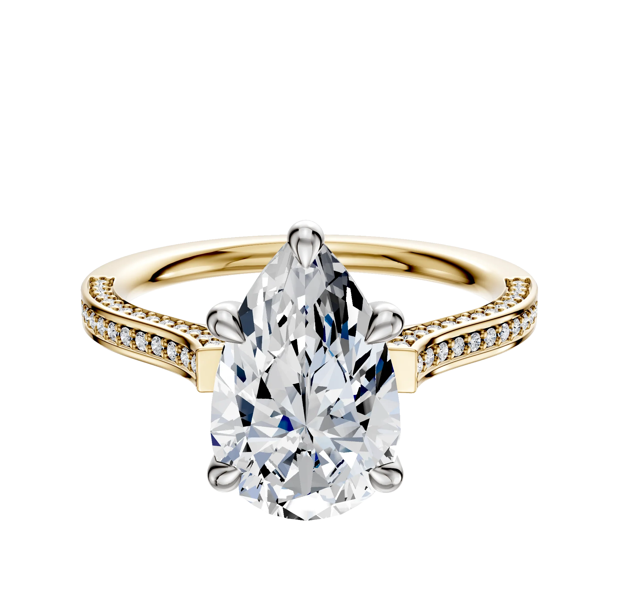 14K Two Tone 4 Prong Basket Cathedral Flat 3-Row-Pave 2.0mm Engagement Ring