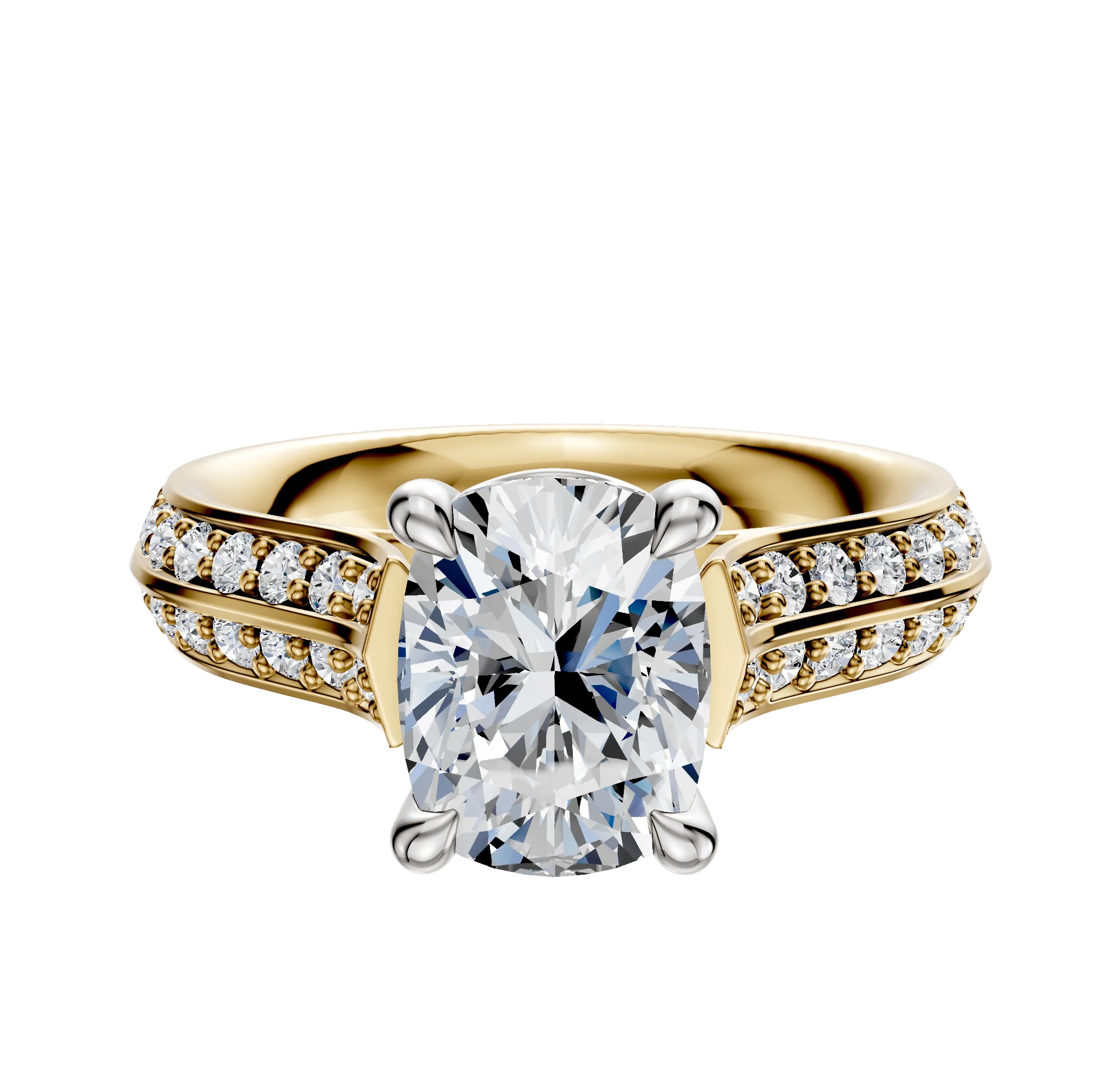 14K Two Tone 4 Prong Basket Cathedral Knife Edge 1-Row-Pave 2.5mm Engagement Ring