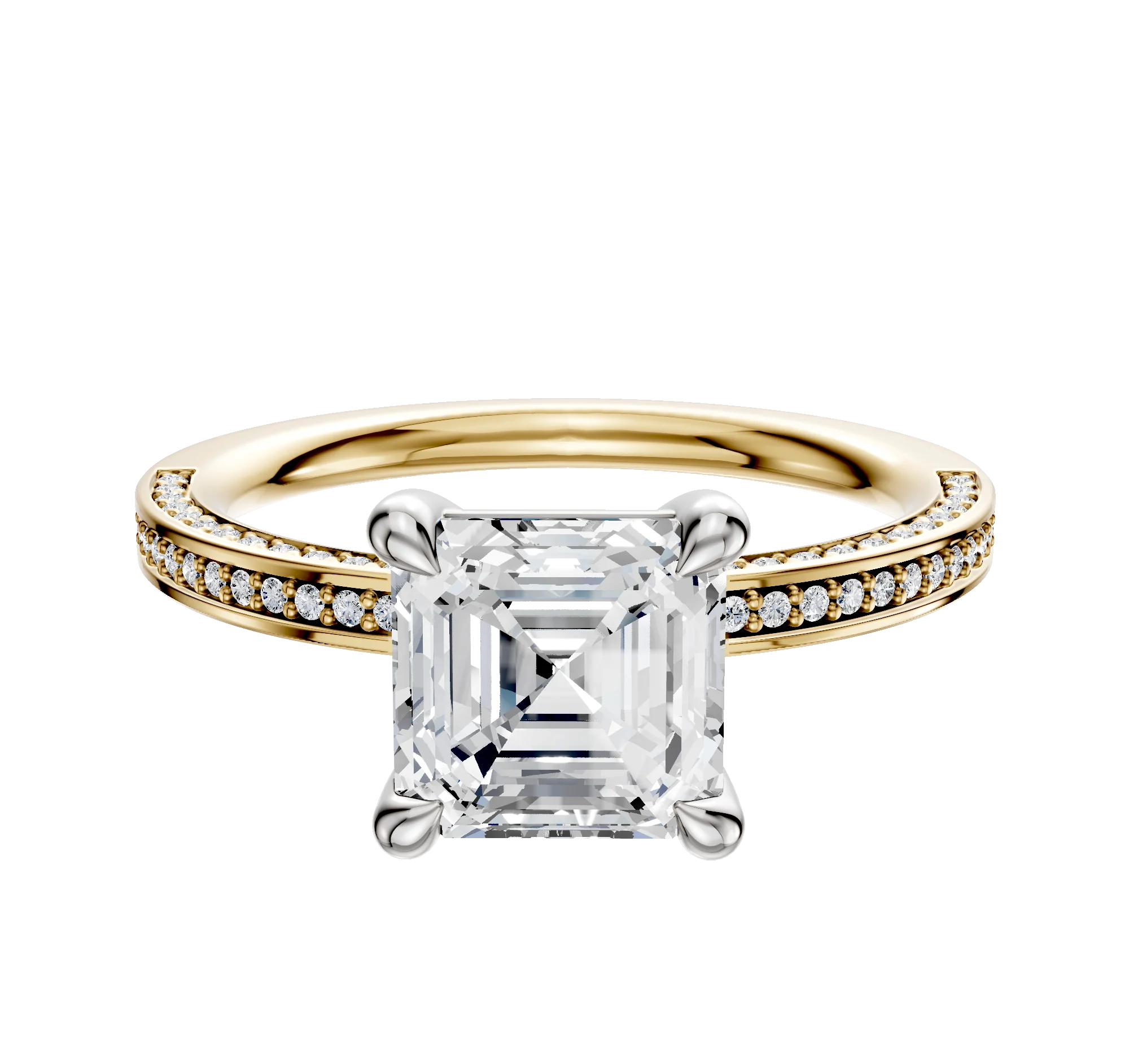 14K Two Tone 4 Prong Basket Classic Flat 3-Row-Pave 2.0mm Engagement Ring