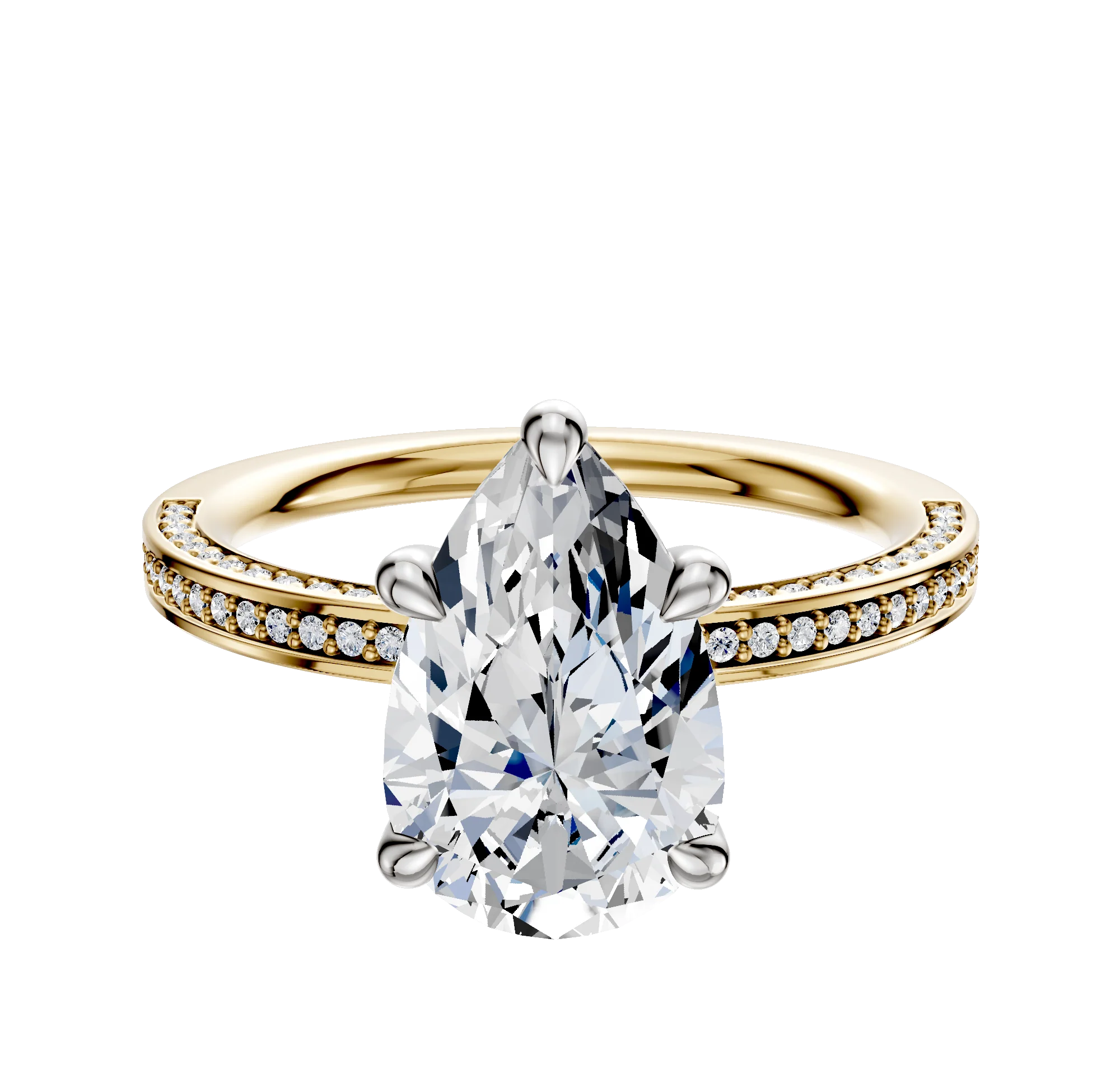 14K Two Tone 4 Prong Basket Classic Flat 3-Row-Pave 2.0mm Engagement Ring