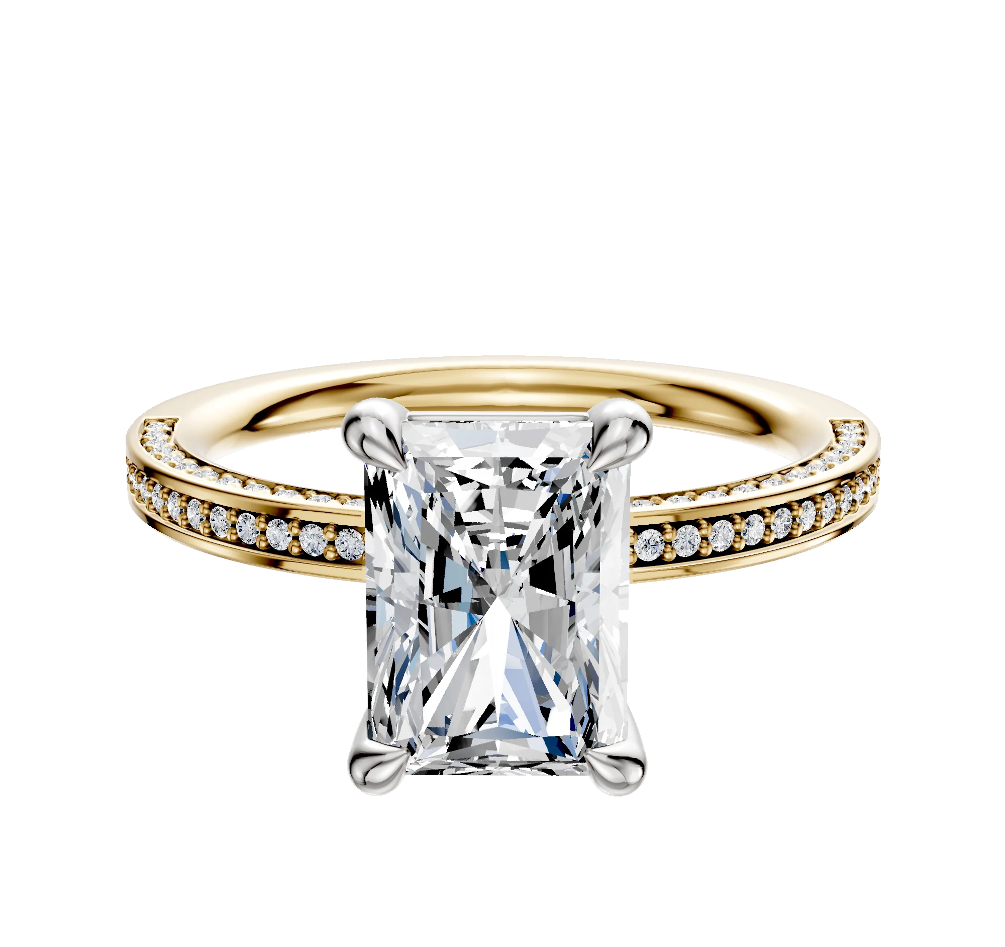 14K Two Tone 4 Prong Basket Classic Flat 3-Row-Pave 2.0mm Engagement Ring