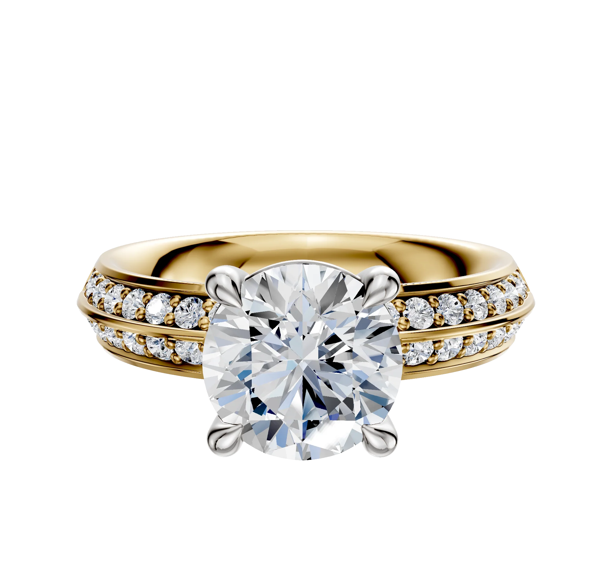 14K Two Tone 4 Prong Basket Classic Knife Edge 1-Row-Pave 2.5mm Engagement Ring