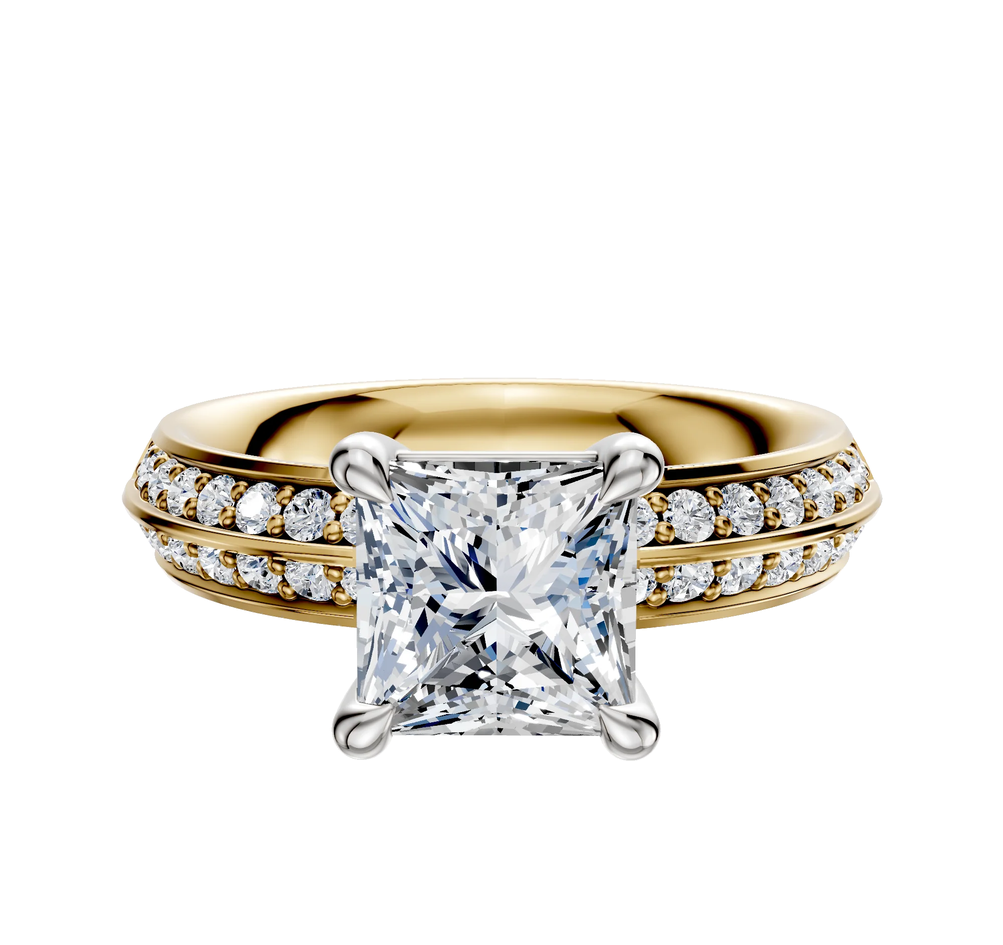 14K Two Tone 4 Prong Basket Classic Knife Edge 1-Row-Pave 2.5mm Engagement Ring
