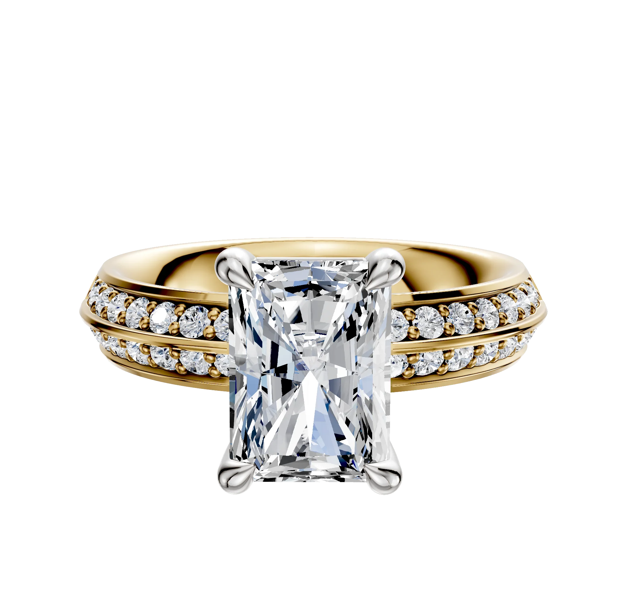 14K Two Tone 4 Prong Basket Classic Knife Edge 1-Row-Pave 2.5mm Engagement Ring