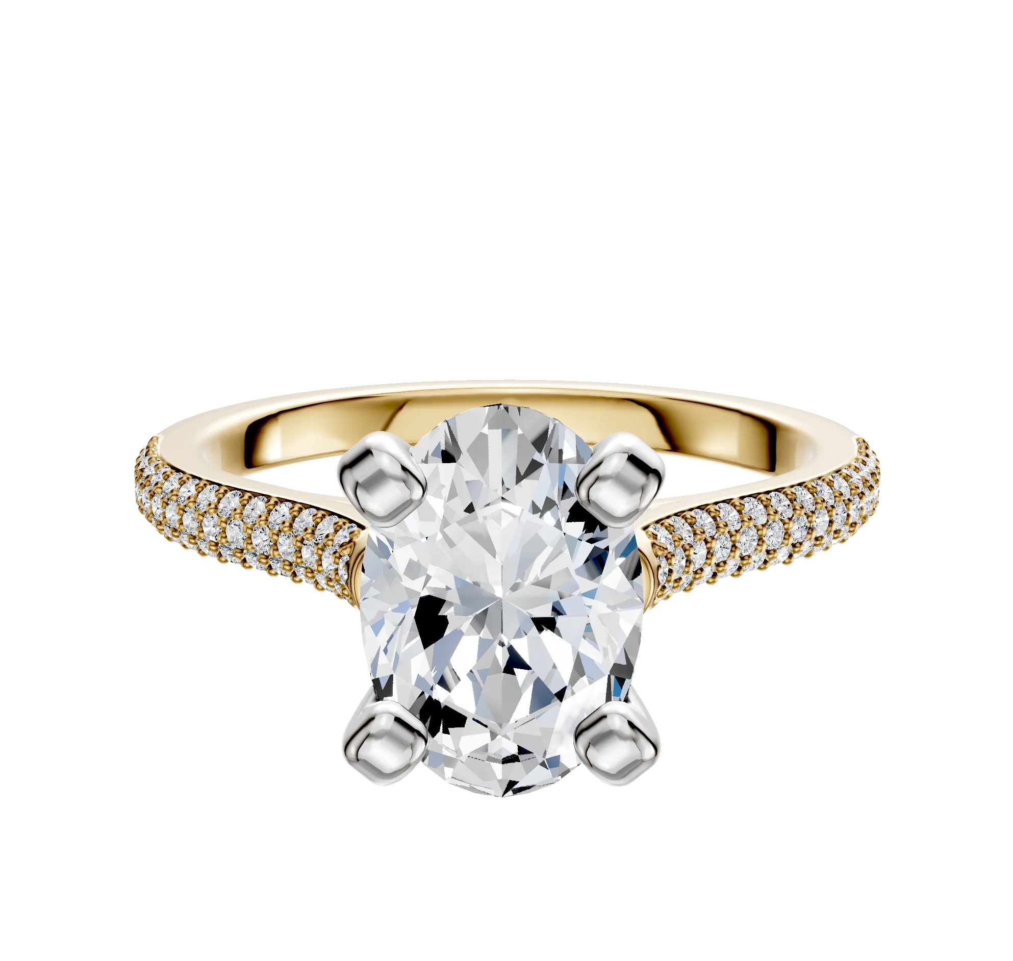 14K Two Tone 4 Prong Cathedral Dome 3-Row-Pave 2.0mm Engagement Ring