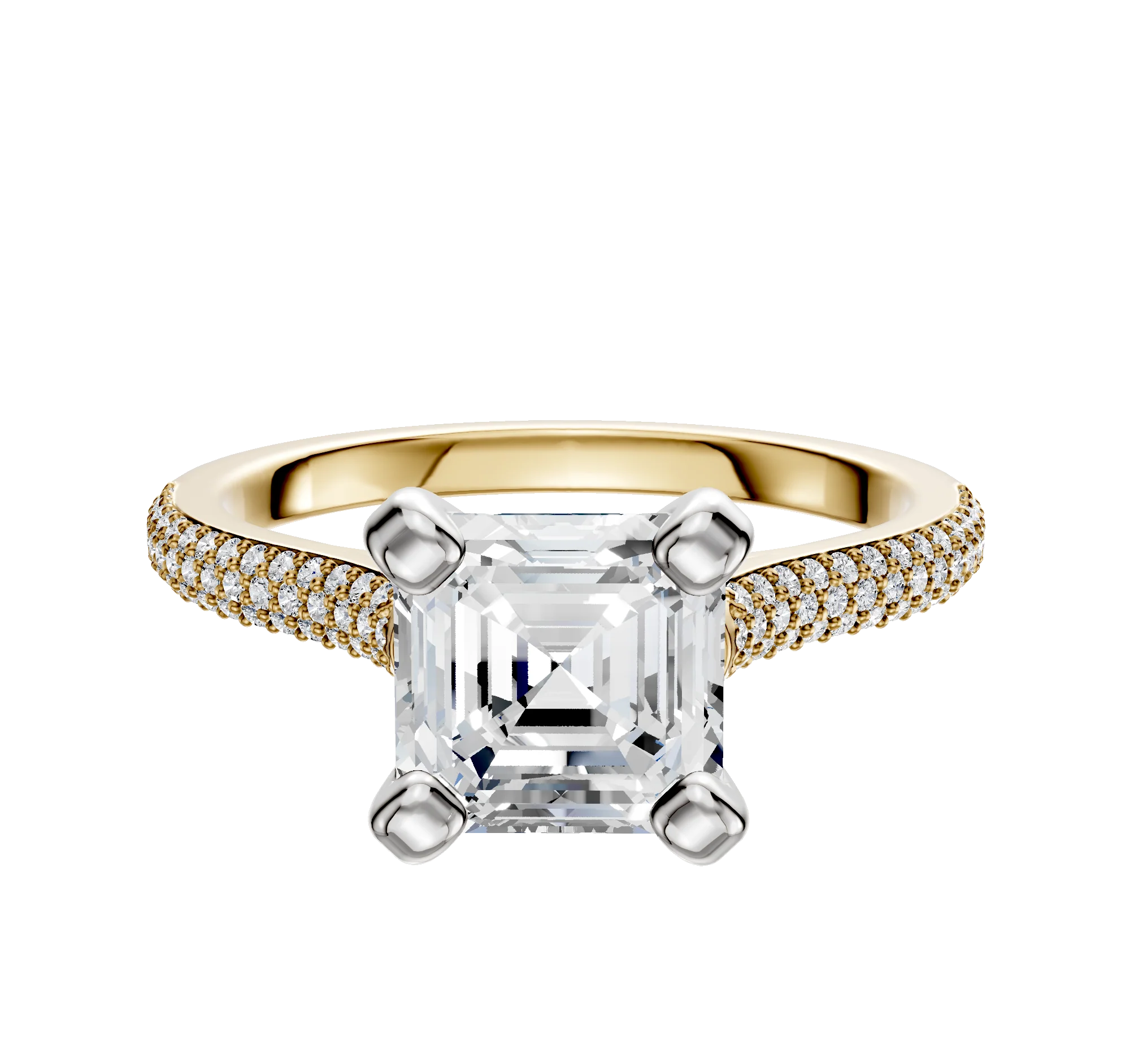 14K Two Tone 4 Prong Cathedral Dome 3-Row-Pave 2.0mm Engagement Ring