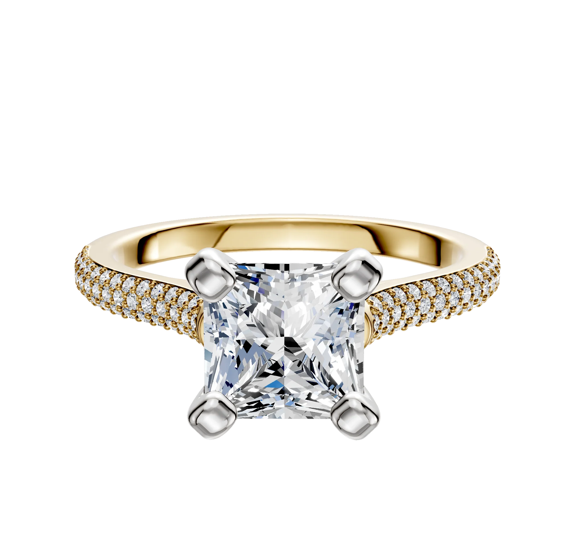 14K Two Tone 4 Prong Cathedral Dome 3-Row-Pave 2.0mm Engagement Ring