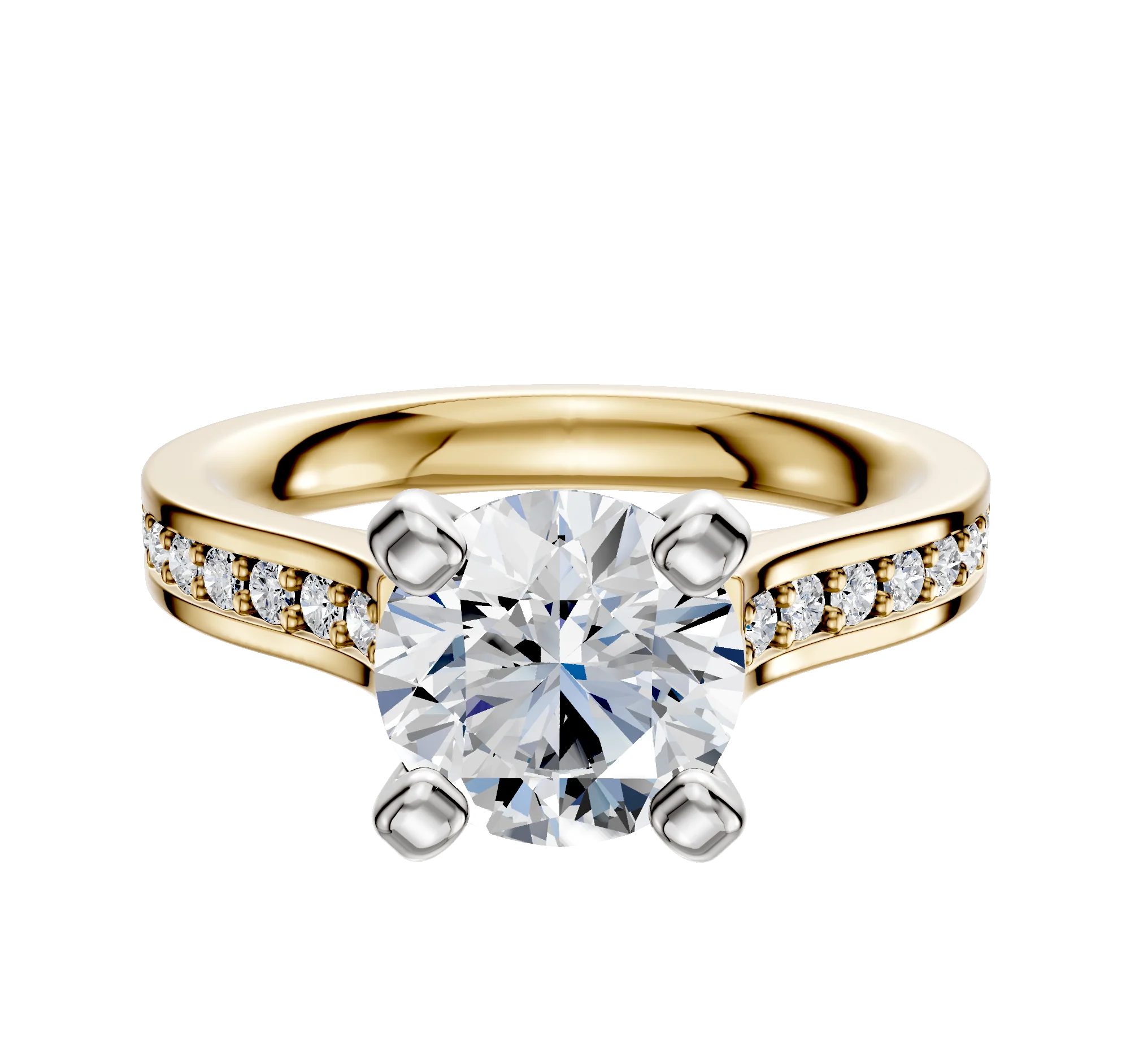14K Two Tone 4 Prong Cathedral Flat 1-Row-Pave 2.5mm Engagement Ring