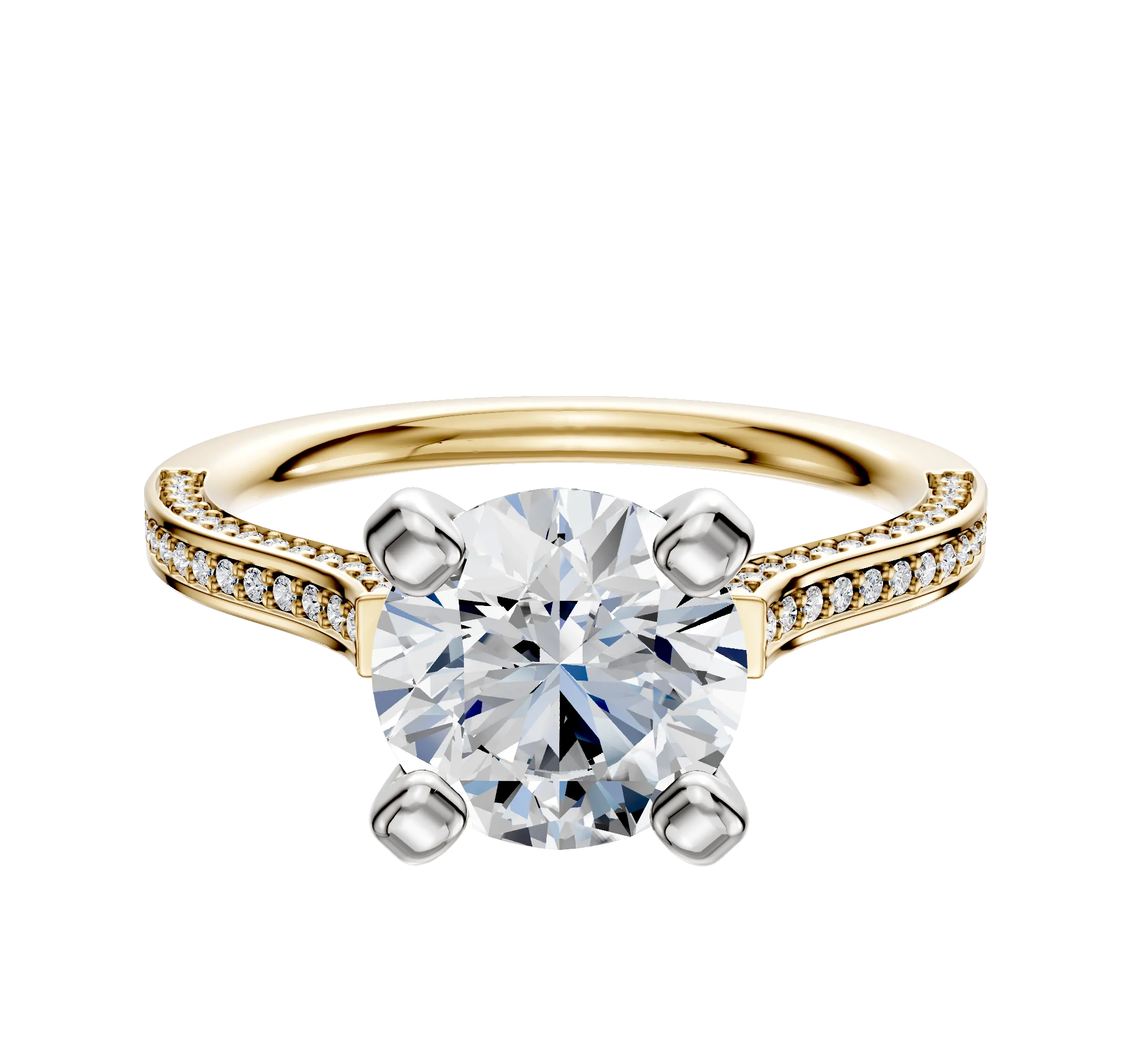 14K Two Tone 4 Prong Cathedral Flat 3-Row-Pave 2.0mm Engagement Ring