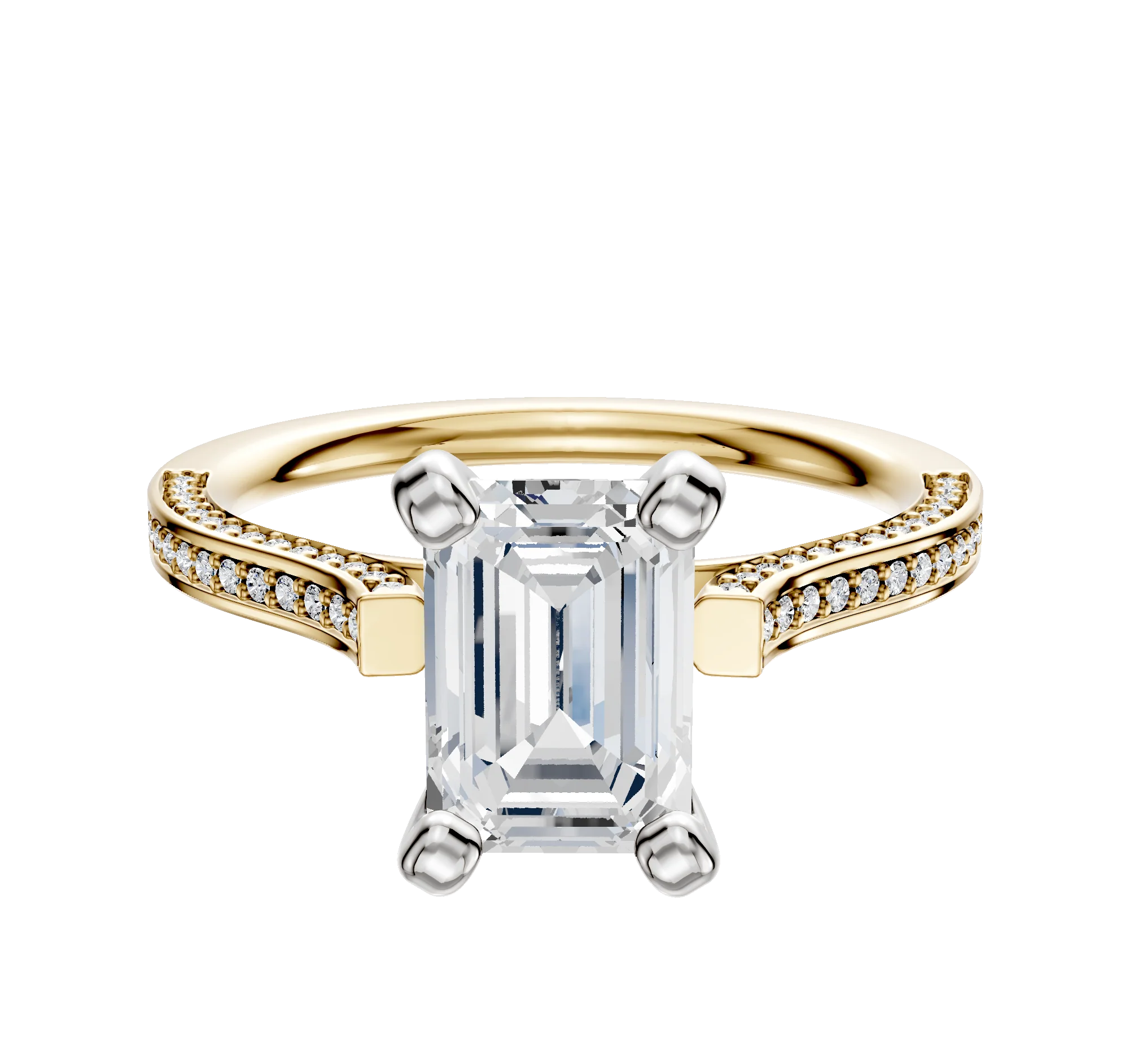 14K Two Tone 4 Prong Cathedral Flat 3-Row-Pave 2.0mm Engagement Ring