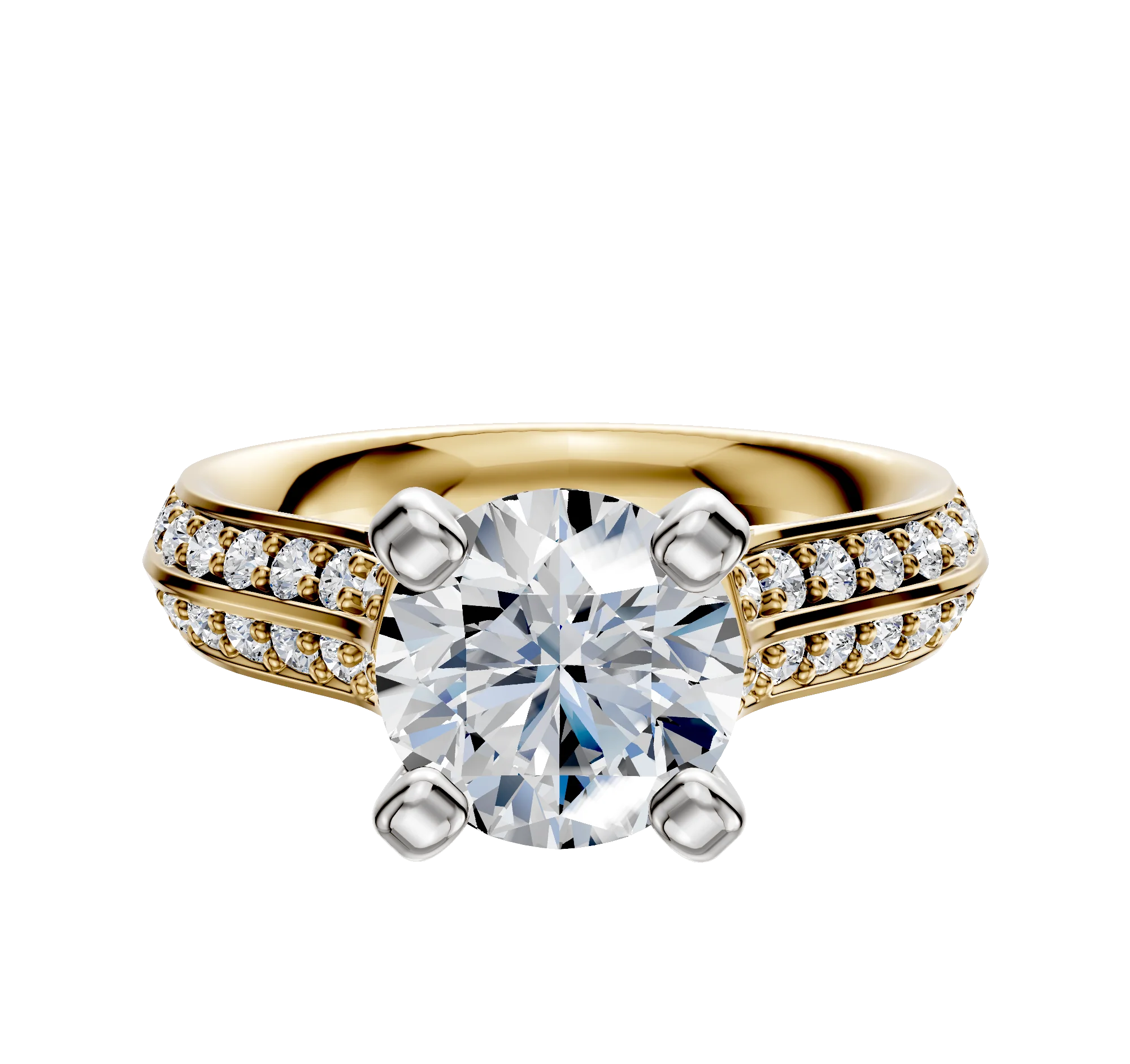 14K Two Tone 4 Prong Cathedral Knife Edge 1-Row-Pave 2.5mm Engagement Ring
