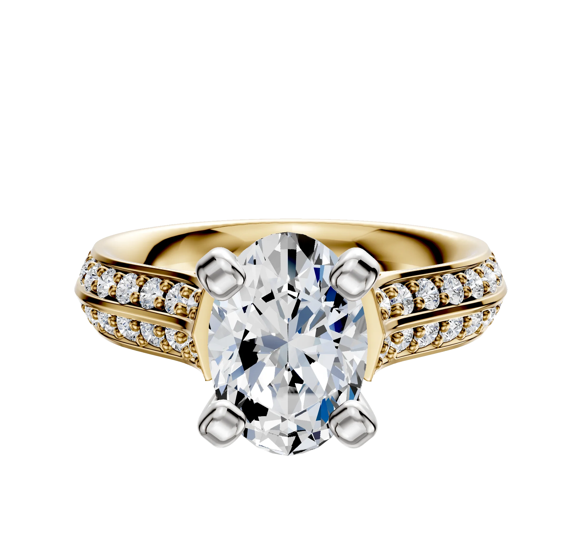 14K Two Tone 4 Prong Cathedral Knife Edge 1-Row-Pave 2.5mm Engagement Ring