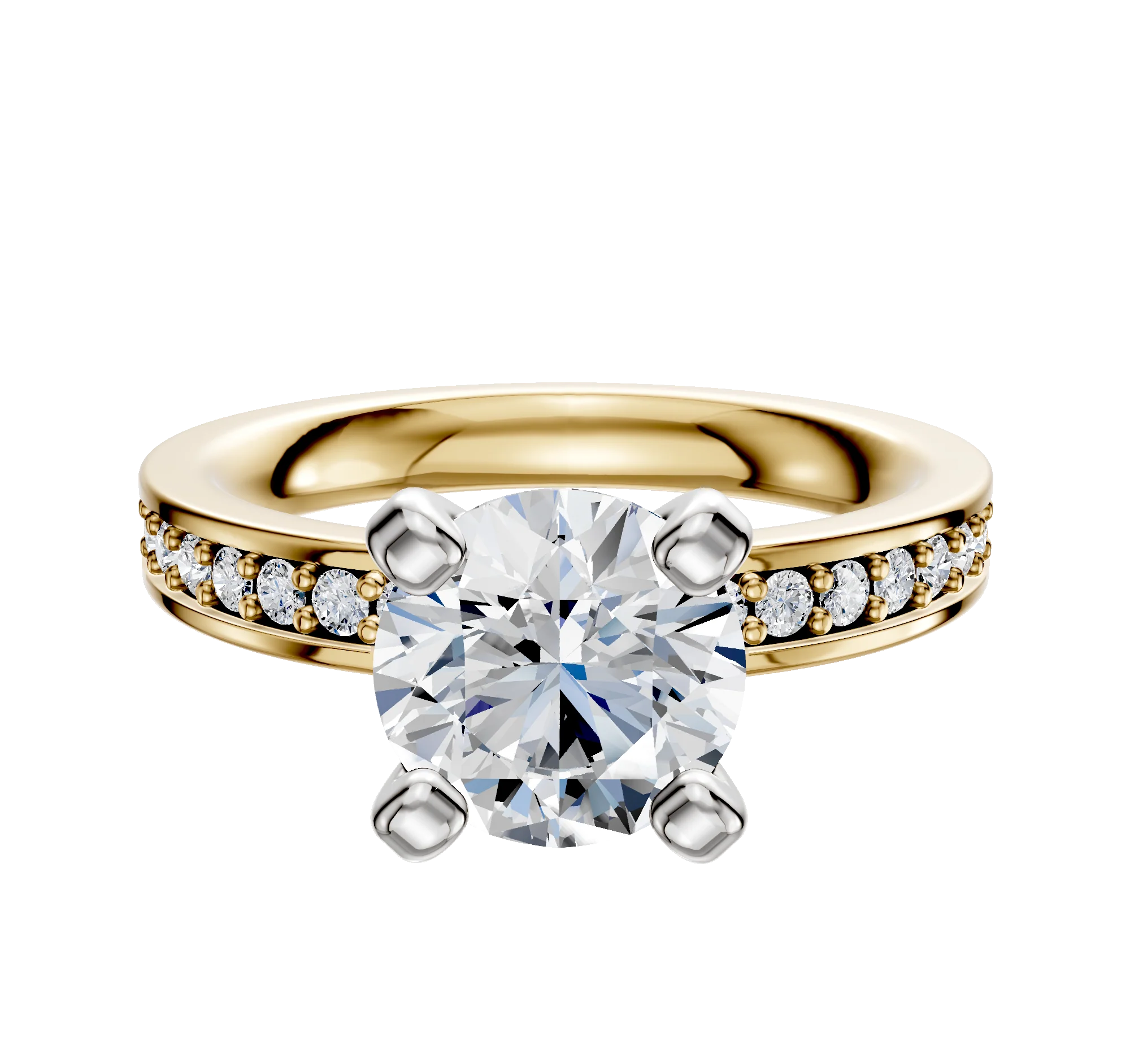 14K Two Tone 4 Prong Classic Flat 1-Row-Pave 2.5mm Engagement Ring