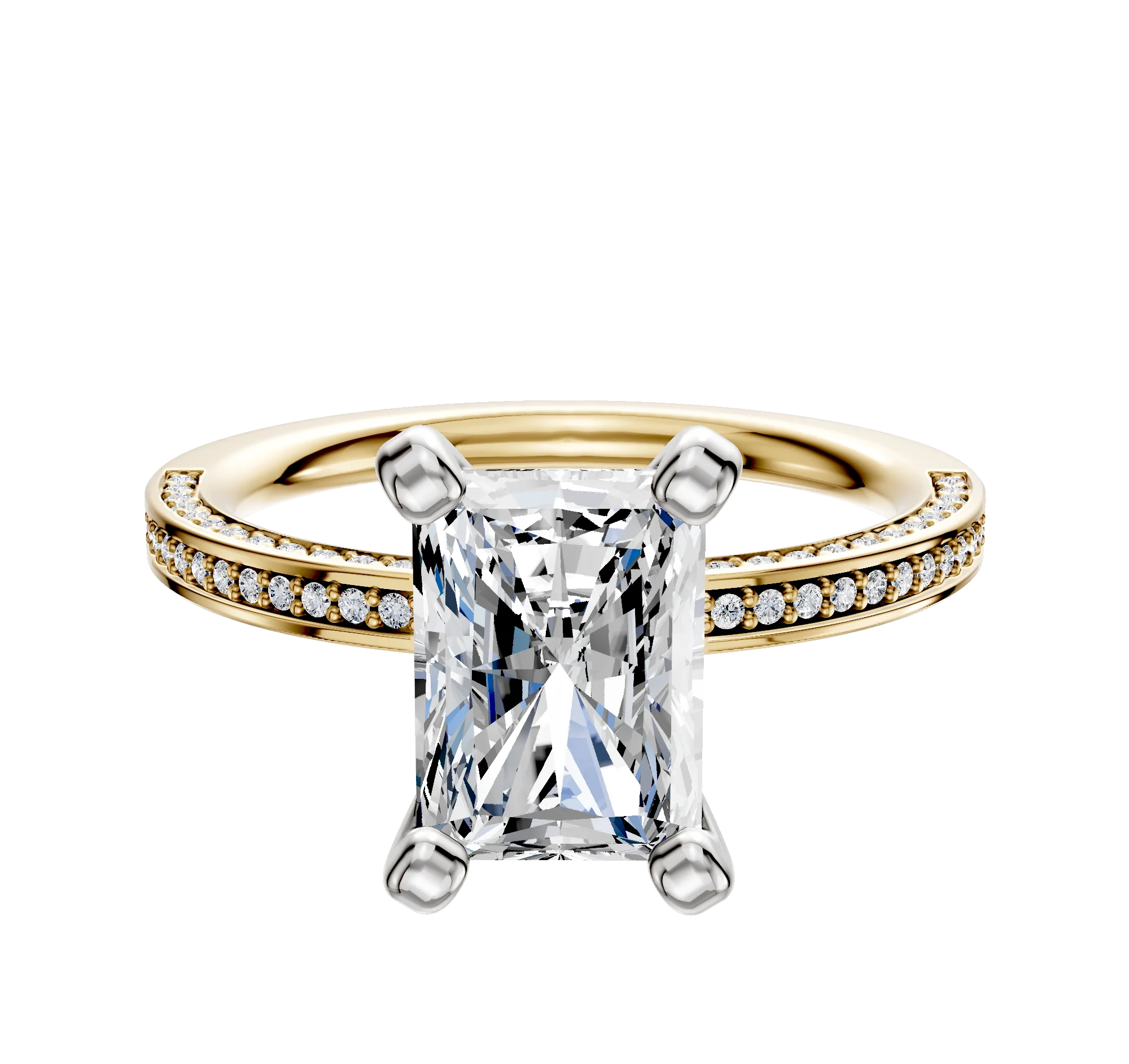 14K Two Tone 4 Prong Classic Flat 3-Row-Pave 2.0mm Engagement Ring