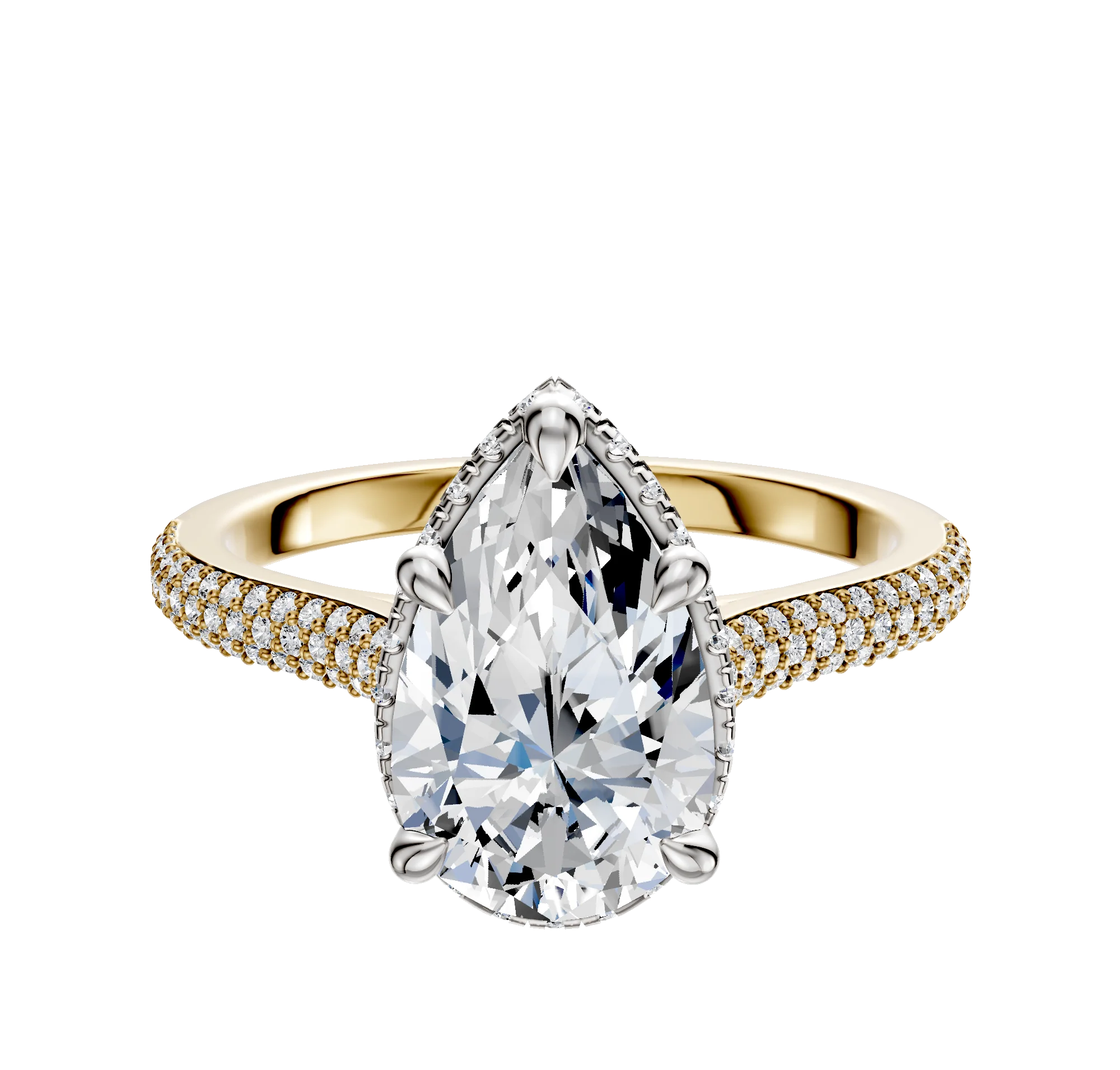 14K Two Tone 4 Prong Collar Cathedral Dome 3-Row-Pave 2.0mm Engagement Ring
