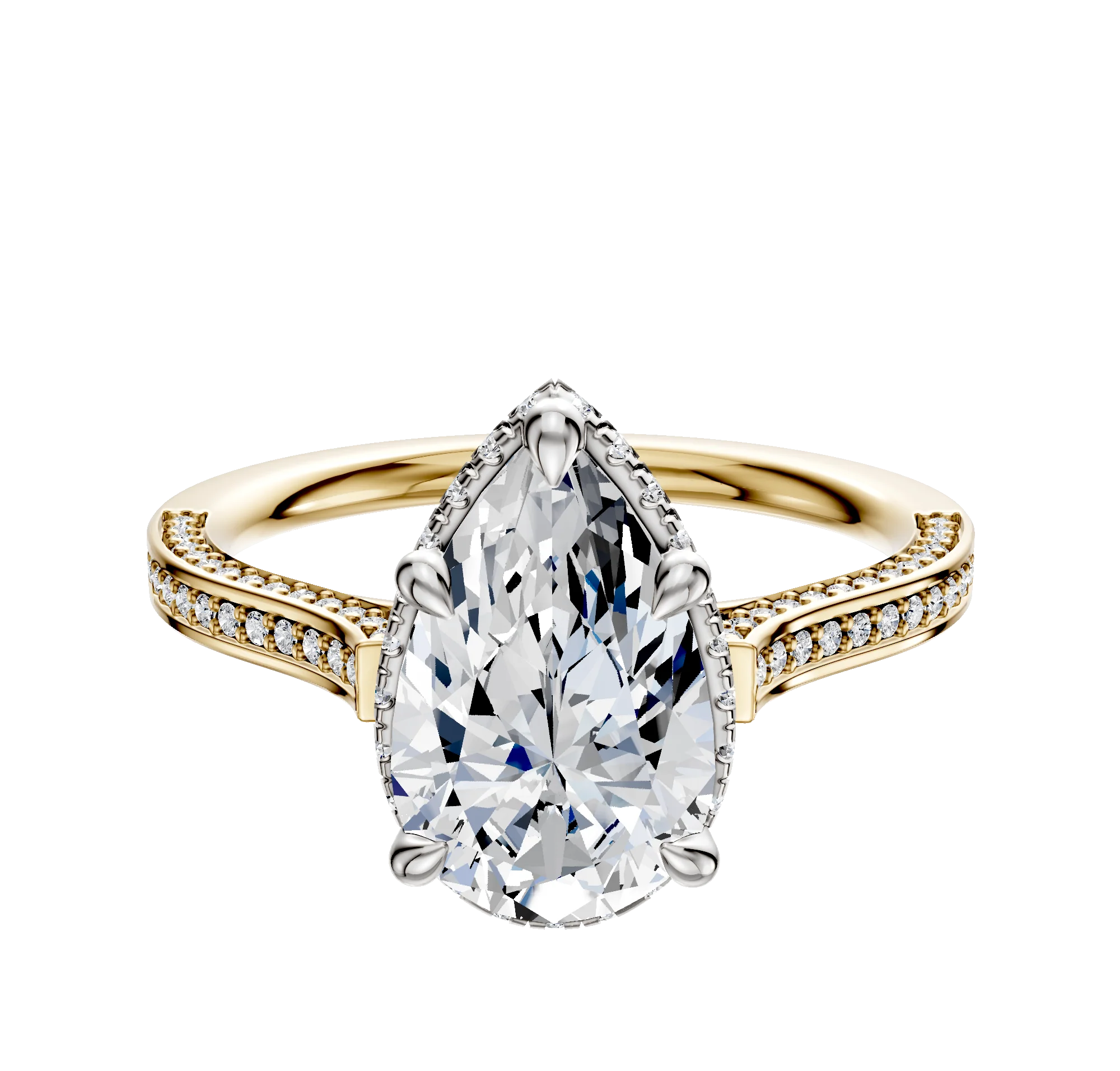 14K Two Tone 4 Prong Collar Cathedral Flat 3-Row-Pave 2.0mm Engagement Ring