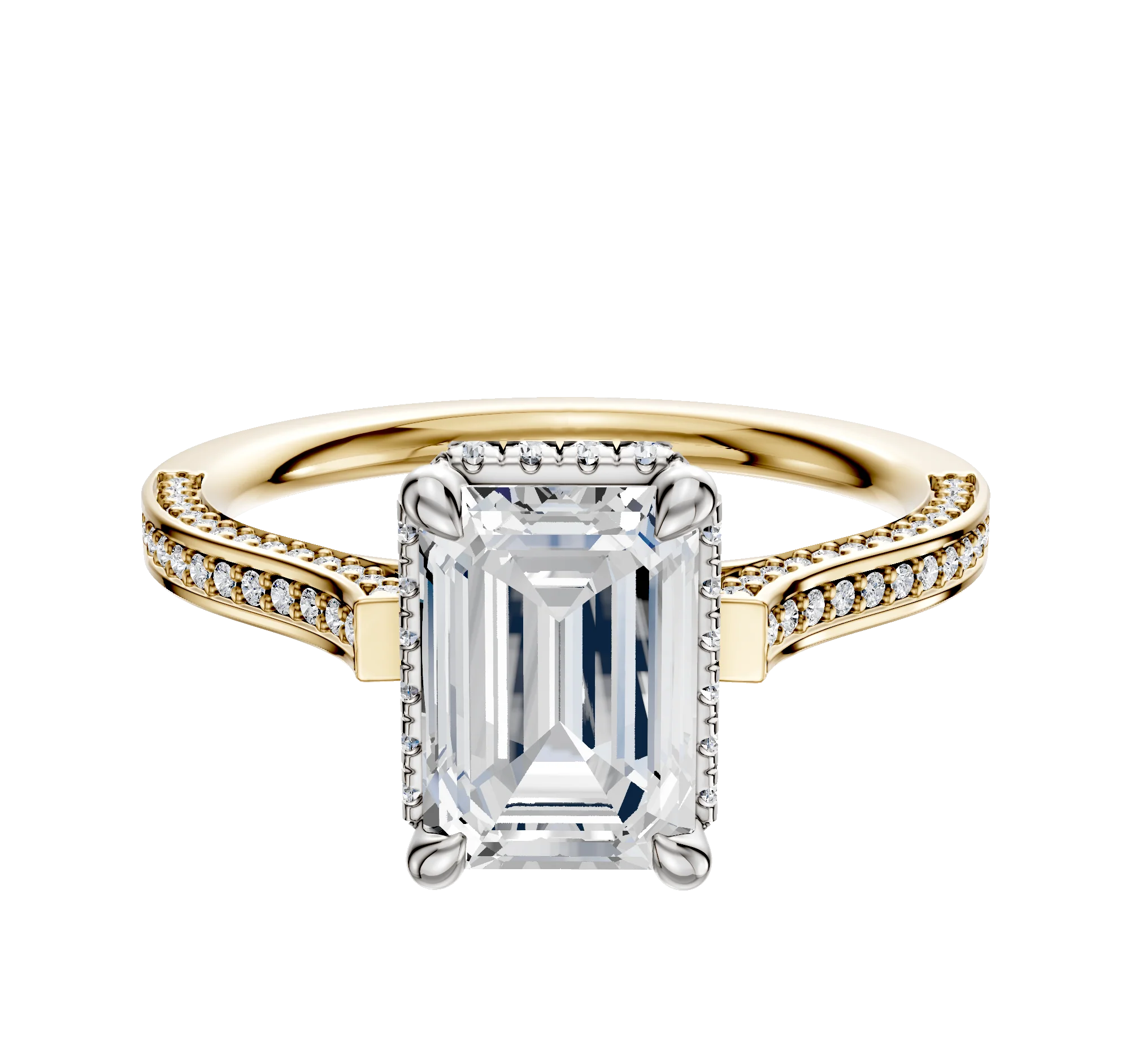 14K Two Tone 4 Prong Collar Cathedral Flat 3-Row-Pave 2.0mm Engagement Ring