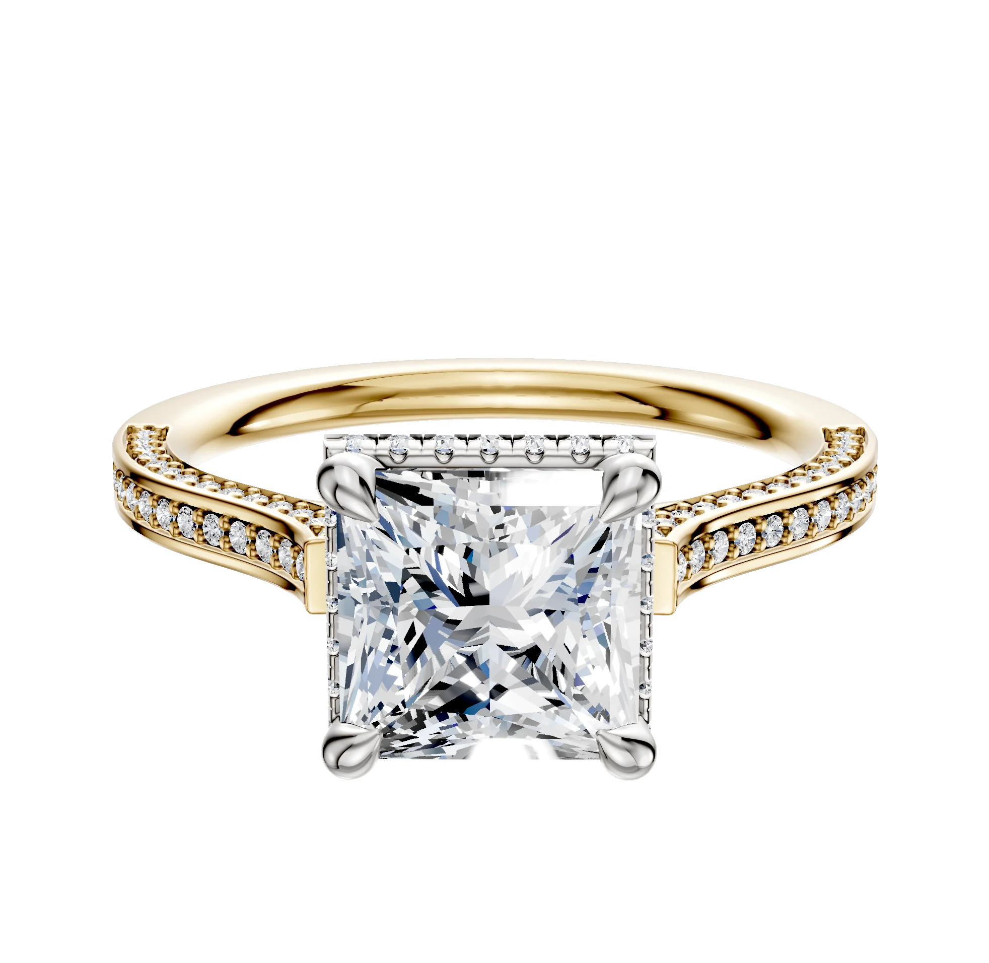 14K Two Tone 4 Prong Collar Cathedral Flat 3-Row-Pave 2.0mm Engagement Ring