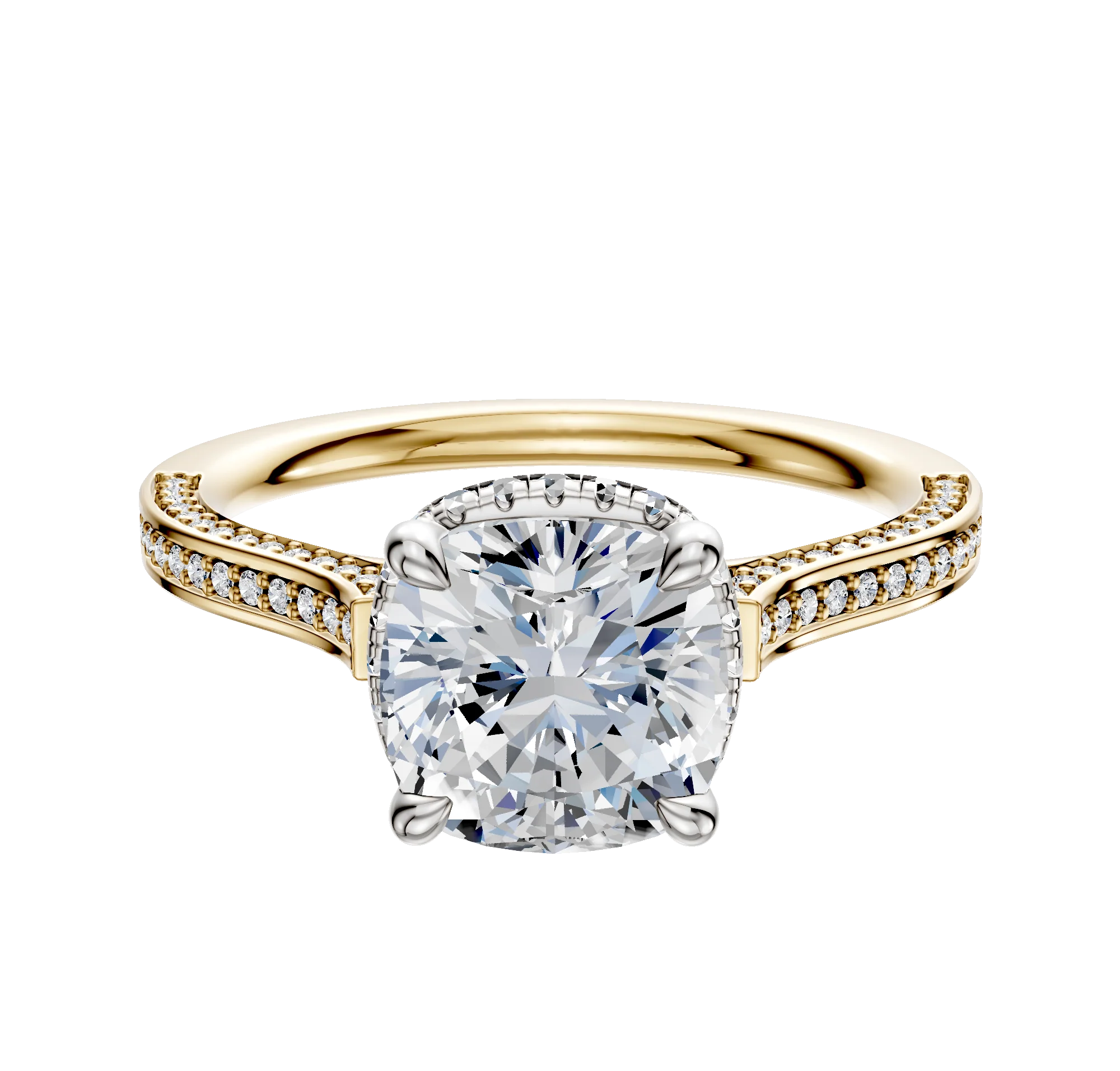 14K Two Tone 4 Prong Collar Cathedral Flat 3-Row-Pave 2.0mm Engagement Ring
