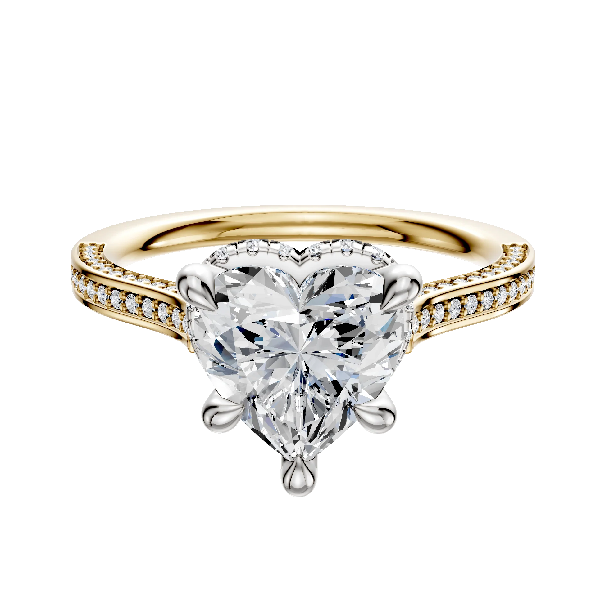 14K Two Tone 4 Prong Collar Cathedral Flat 3-Row-Pave 2.0mm Engagement Ring