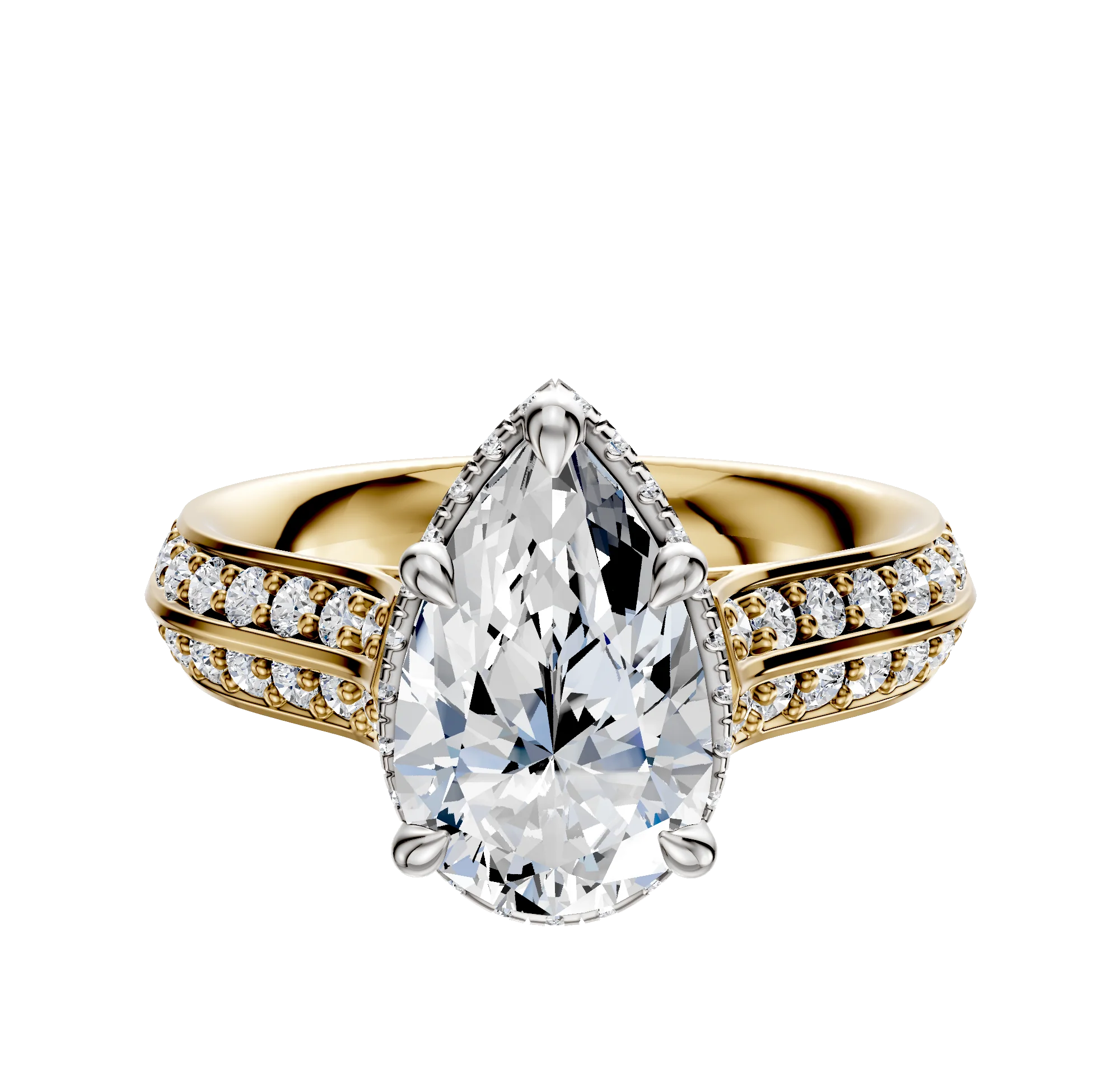 14K Two Tone 4 Prong Collar Cathedral Knife Edge 1-Row-Pave 2.5mm Engagement Ring