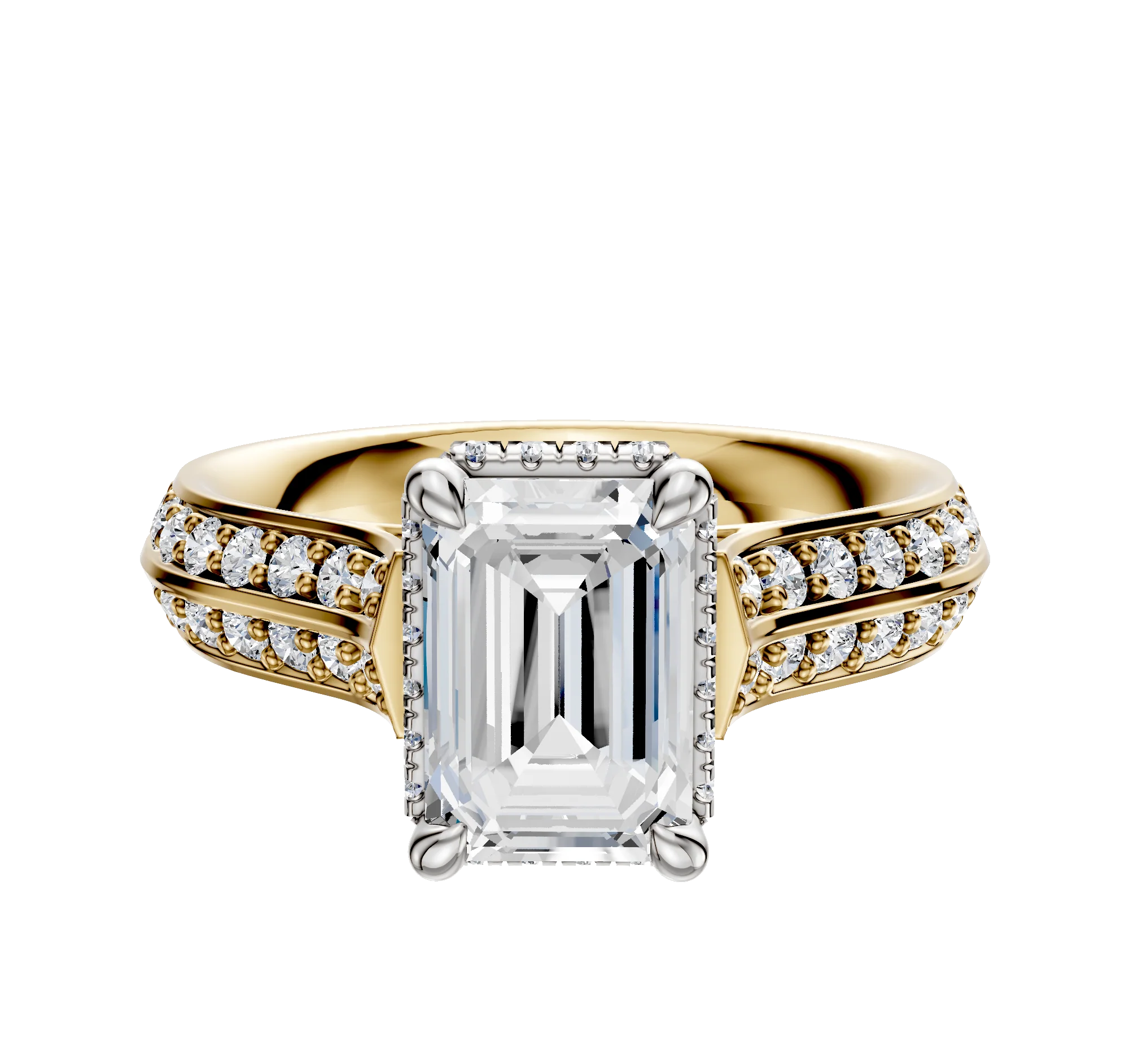 14K Two Tone 4 Prong Collar Cathedral Knife Edge 1-Row-Pave 2.5mm Engagement Ring