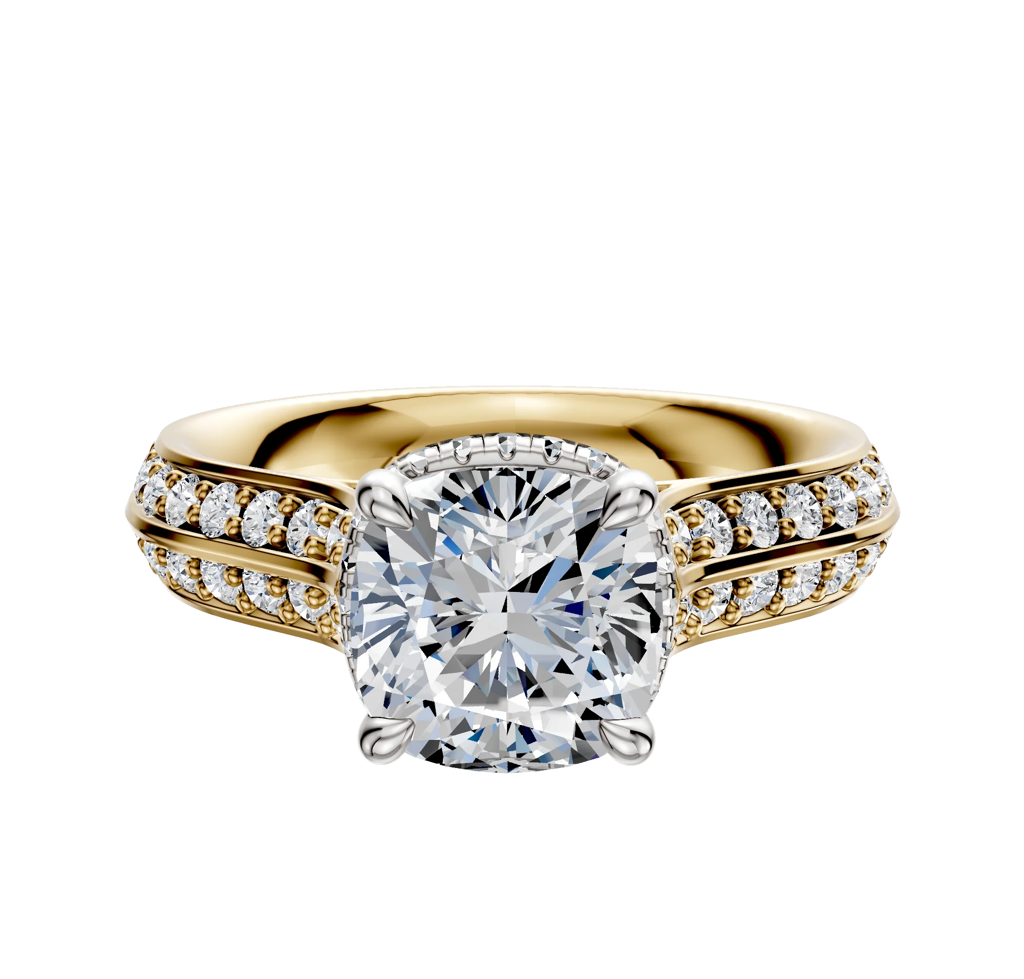 14K Two Tone 4 Prong Collar Cathedral Knife Edge 1-Row-Pave 2.5mm Engagement Ring