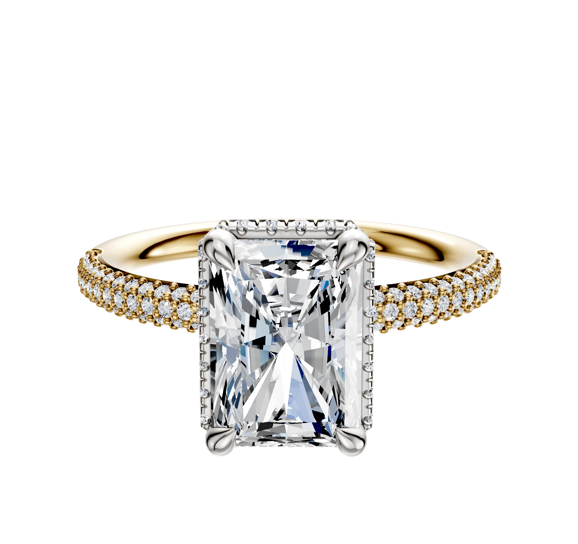 14K Two Tone 4 Prong Collar Classic Dome 3-Row-Pave 2.0mm Engagement Ring