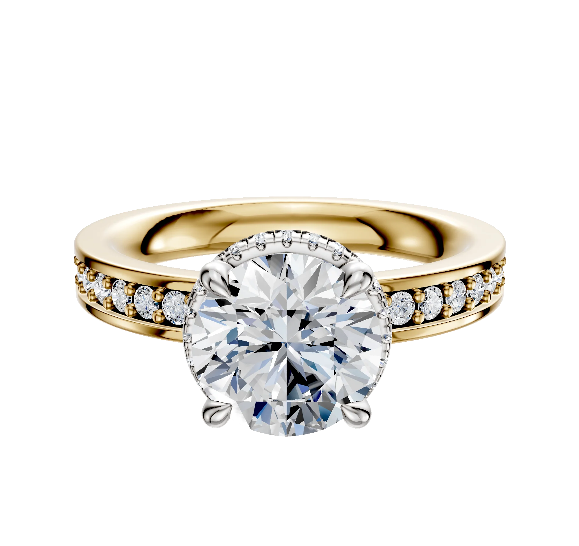 14K Two Tone 4 Prong Collar Classic Flat 1-Row-Pave 2.5mm Engagement Ring