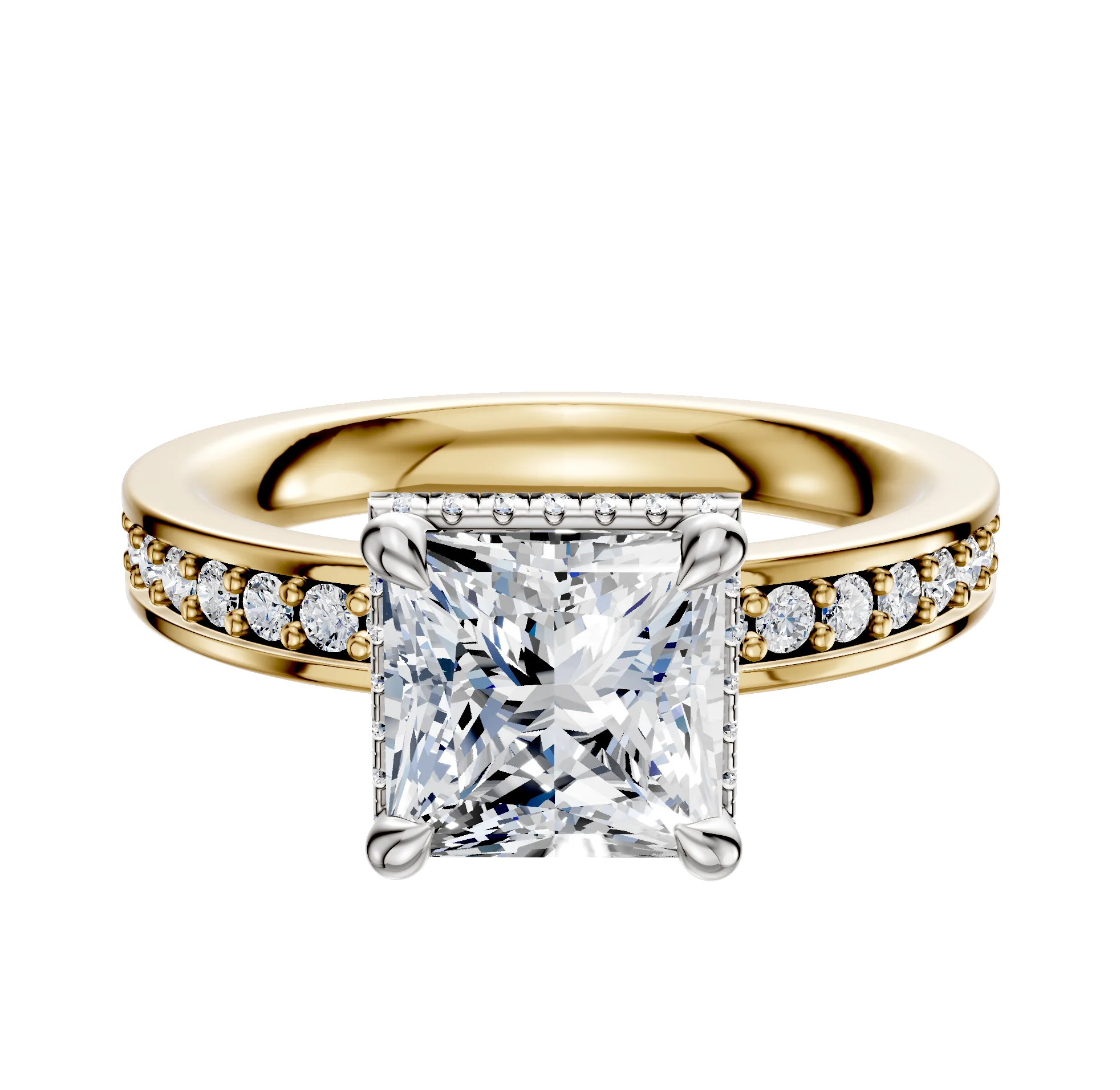 14K Two Tone 4 Prong Collar Classic Flat 1-Row-Pave 2.5mm Engagement Ring