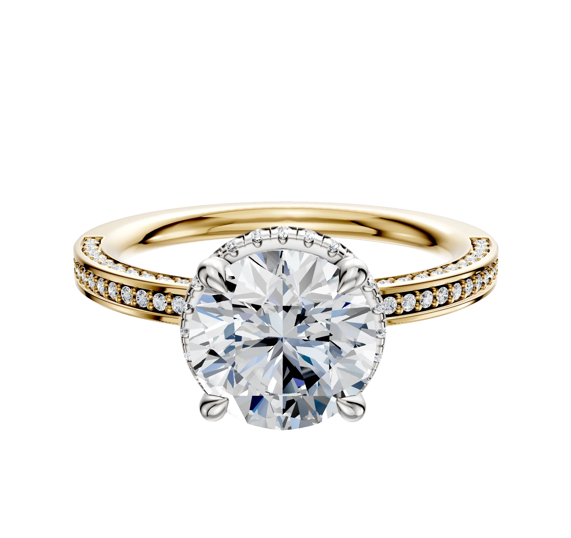 14K Two Tone 4 Prong Collar Classic Flat 3-Row-Pave 2.0mm Engagement Ring