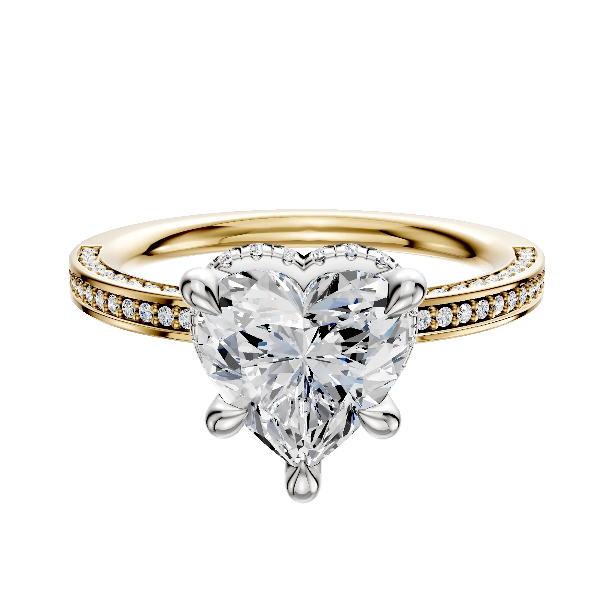 14K Two Tone 4 Prong Collar Classic Flat 3-Row-Pave 2.0mm Engagement Ring