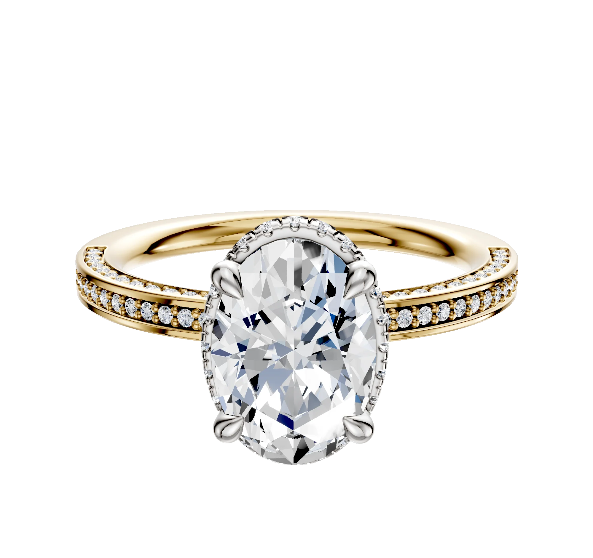 14K Two Tone 4 Prong Collar Classic Flat 3-Row-Pave 2.0mm Engagement Ring